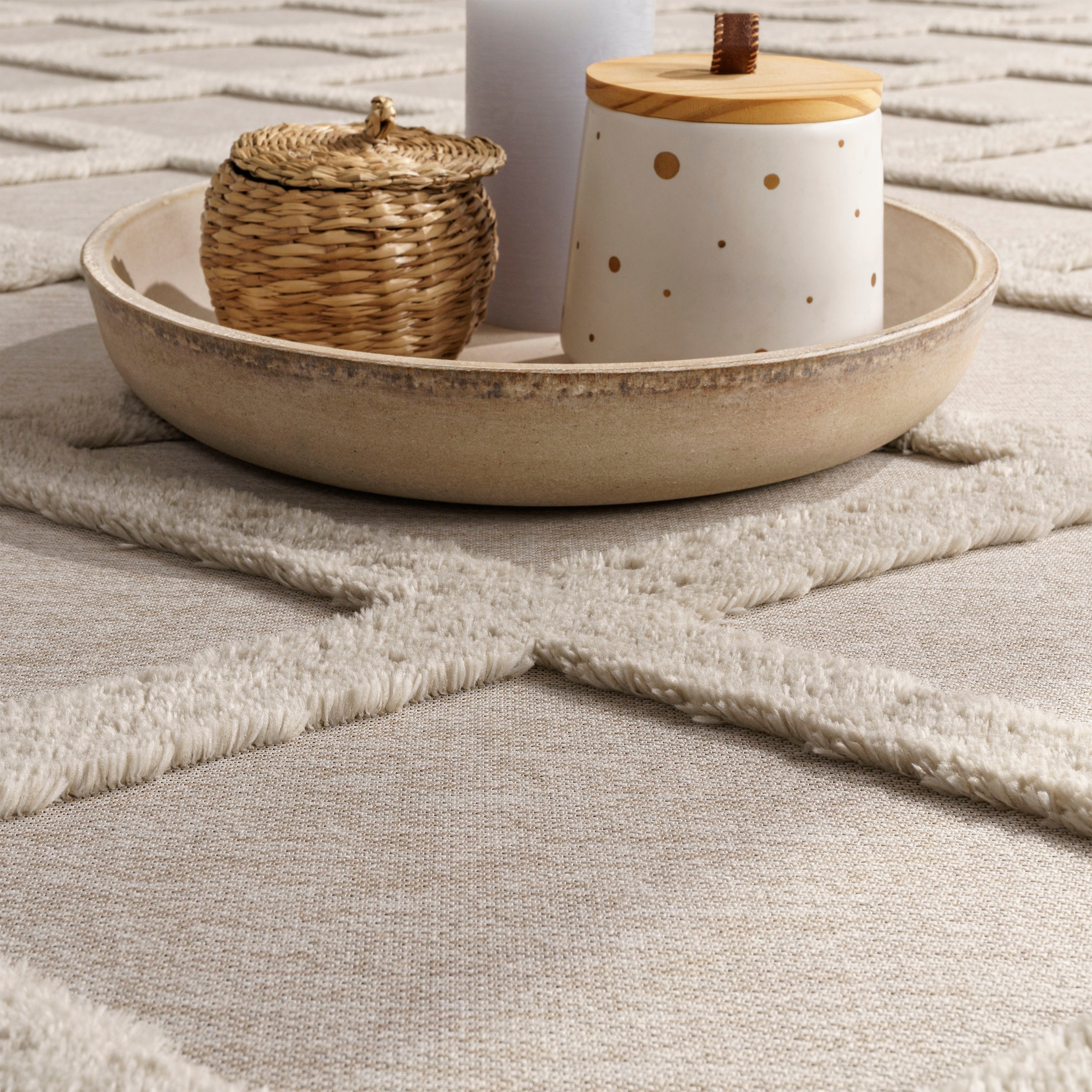 Teppich PACO HOME "Utrecht 642", beige (creme), B:200cm H:4mm L:280cm, Polyester, Teppiche, Teppich, Kurzflor, Uni Farben, 3D-Design, Rauten Muster, Hoch-Tief Effekt 3