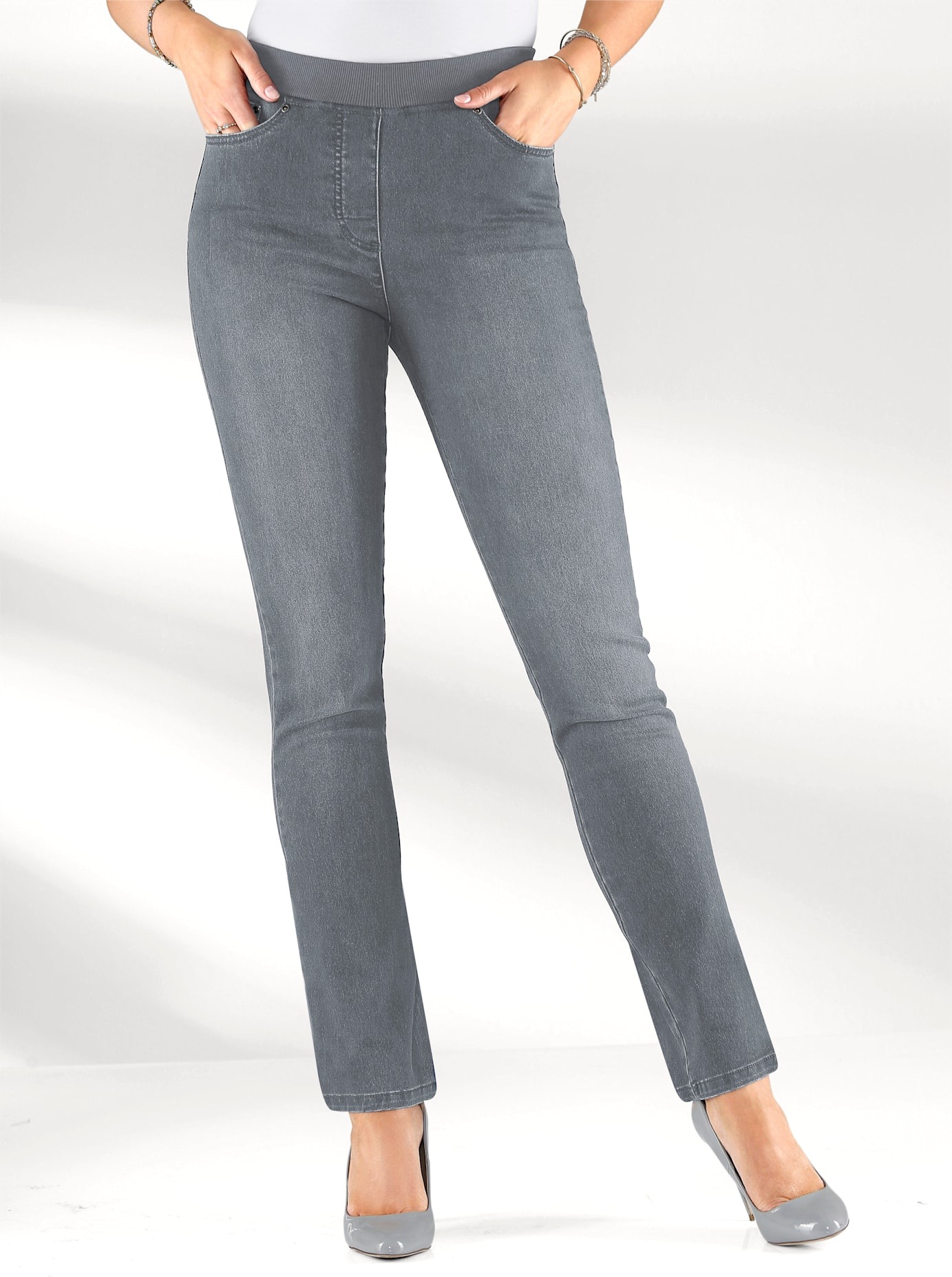 Schlupfjeans INSPIRATIONEN, Damen, Gr. 245, Extrakurzgrößen, grau (grau, denim), 78% Baumwolle, 20% Polyester, 2% Elasthan, unifarben, lang, Jeans Schlupfjeans, Topseller
