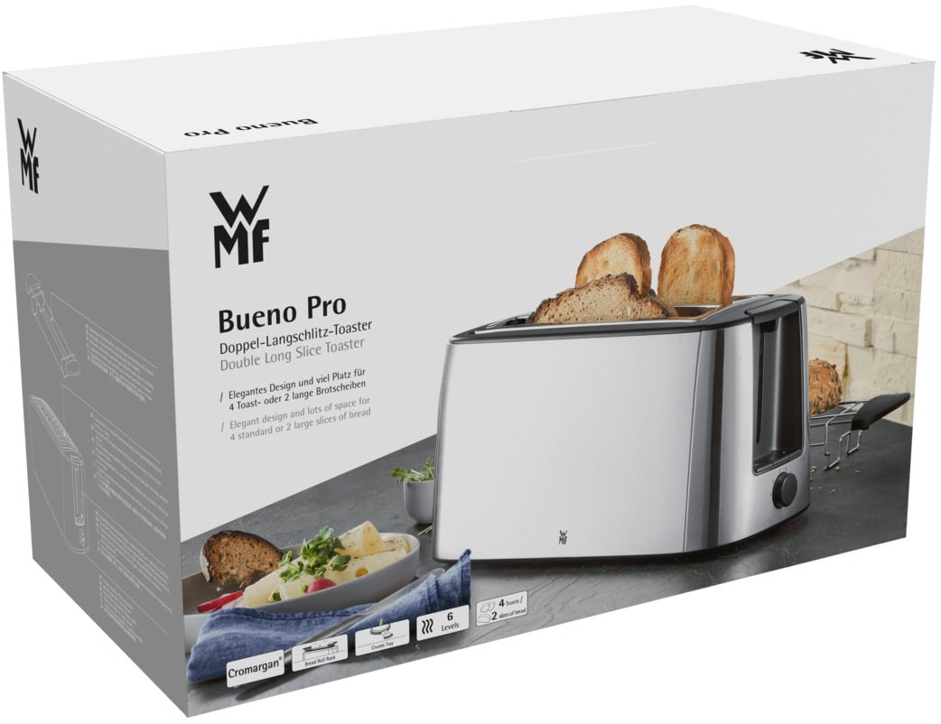 WMF Toaster »Bueno Pro, Doppel-Langschlitz-Toaster, XXL Toast, Brötchenaufsatz« 2 lange Schlitze für 4 Scheiben 1550 W 6 Bräunungsstufen, Brotzentrierung, Krümelschublade, Cromargan Gehäuse