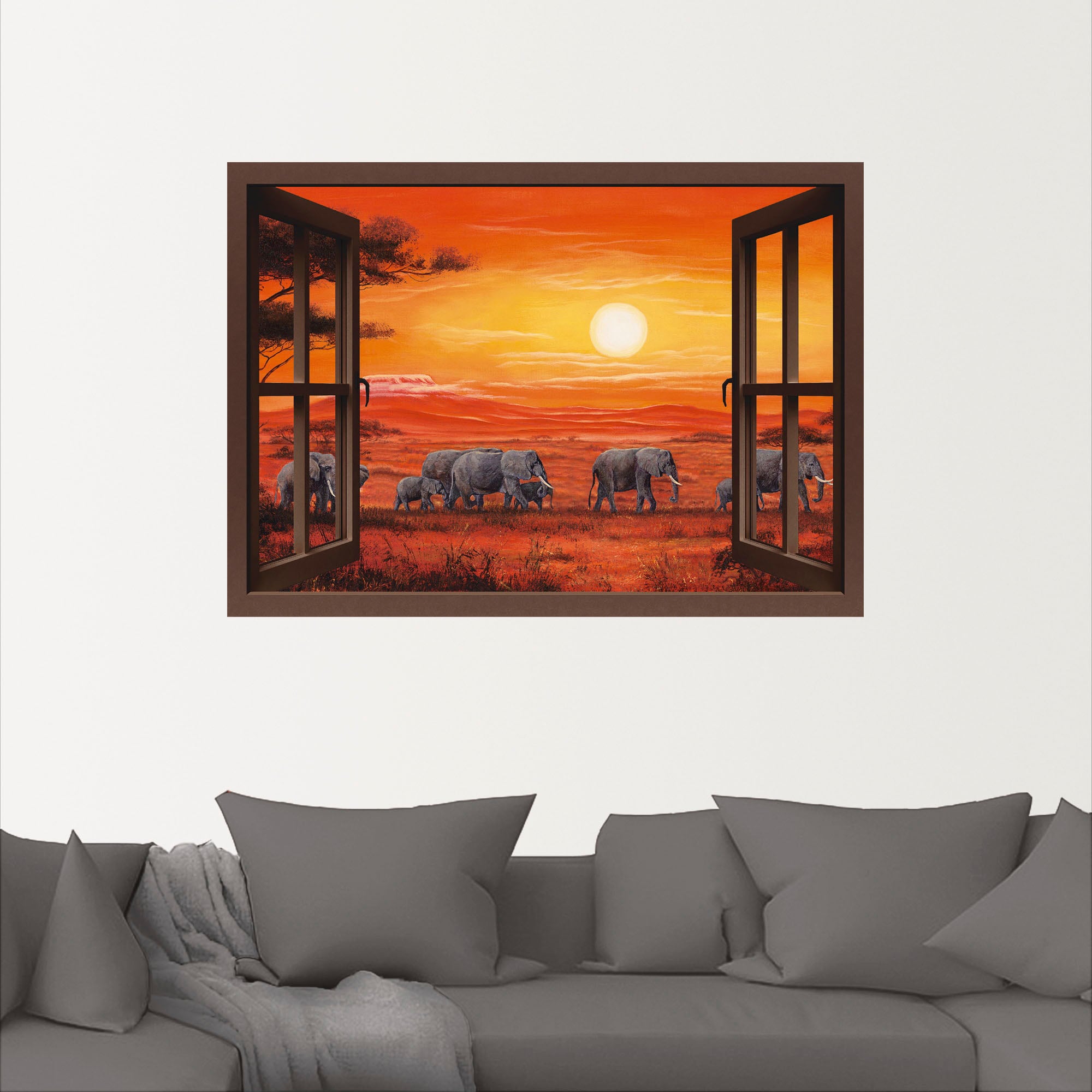 Artland Wandbild »Fensterblick - Elefantenherde«, Fensterblick, (1 St.), als Leinwandbild, Poster, Wandaufkleber in verschied. Größen