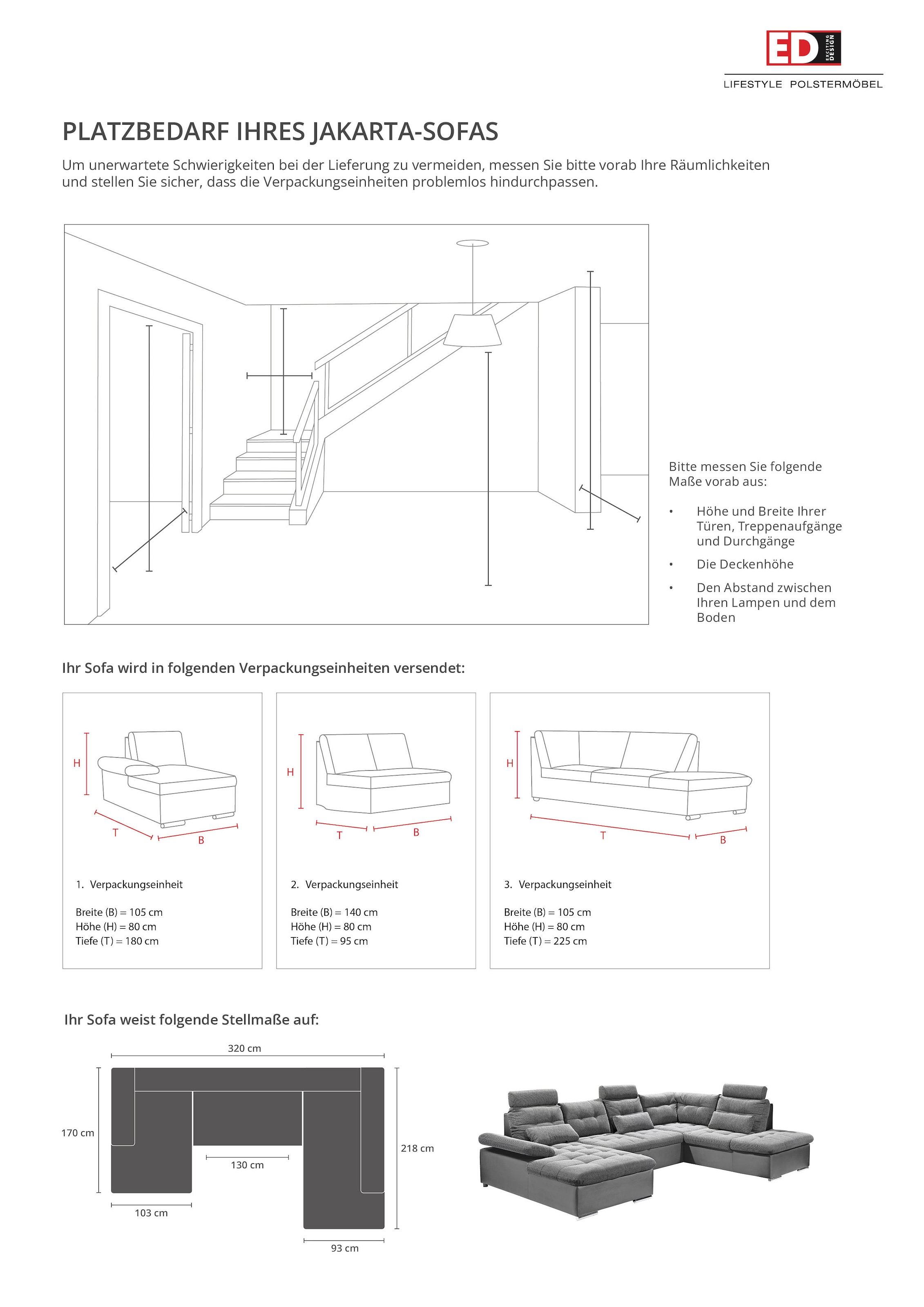ED EXCITING DESIGN Wohnlandschaft »Jakarta U-Form mit Bettfunktion, Bettkasten« Armteilverstellung, Kopfstützen & 3 Nierenkissen