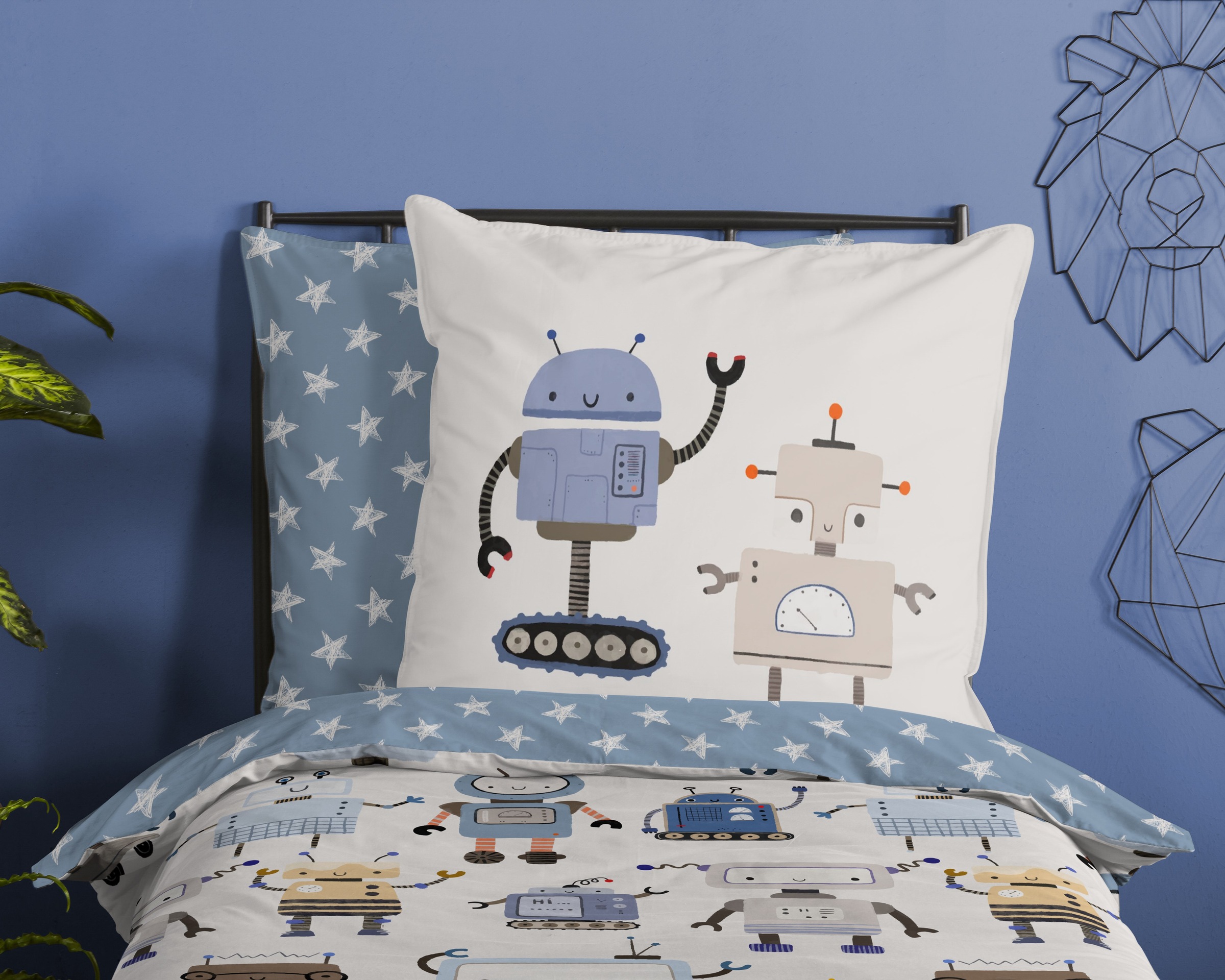 good morning Kinderbettwäsche »Robo«, Baumwolle, Reißverschluss, Wendeoptik, Baby, Junge, Roboter, Weiß blau