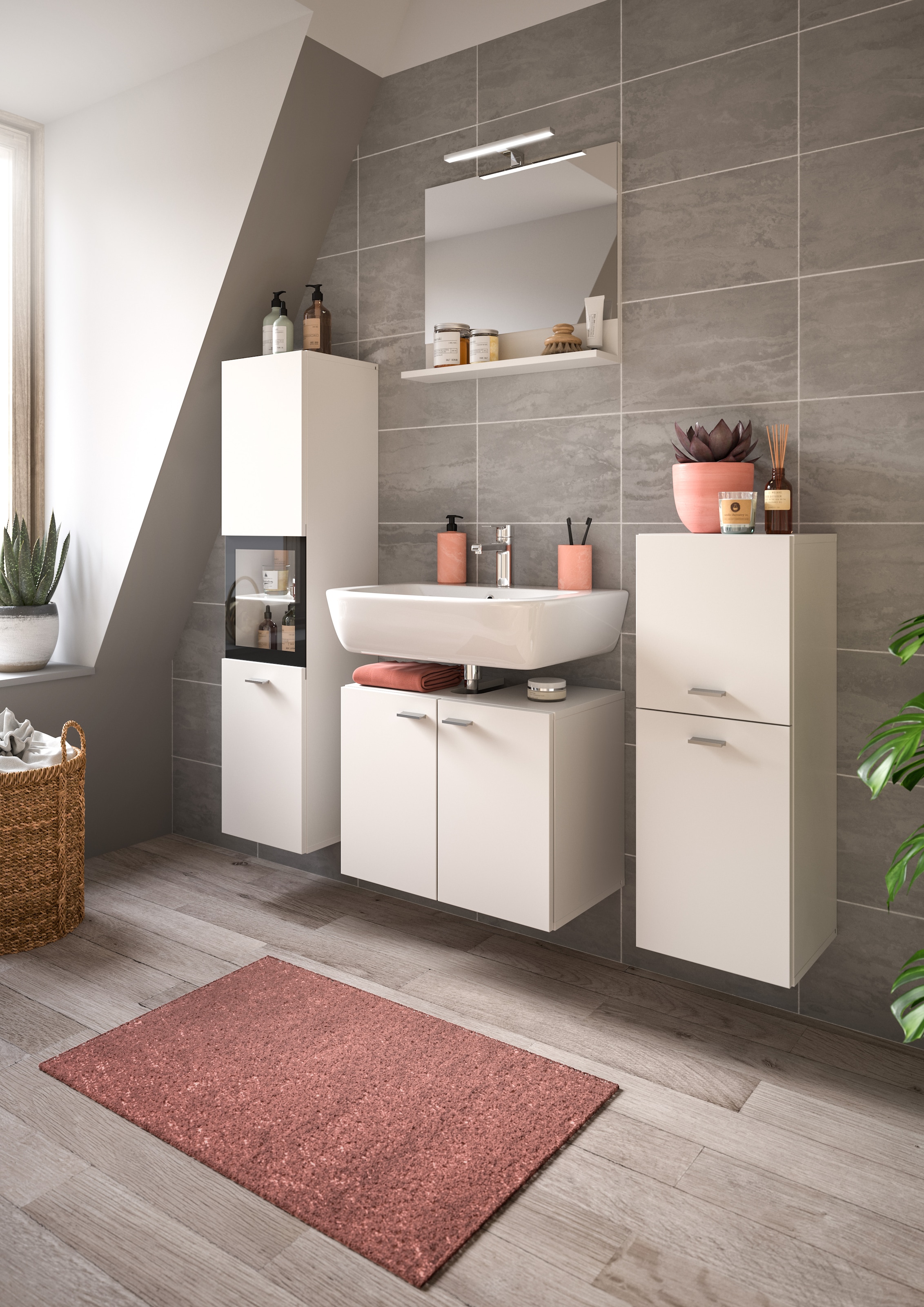 welltime Badmöbel-Set »Tampa, Breite 137cm, 4-teilig«, (4 St.), Waschbeckenunterschrank, Spiegel, Hochschrank, Midischrank