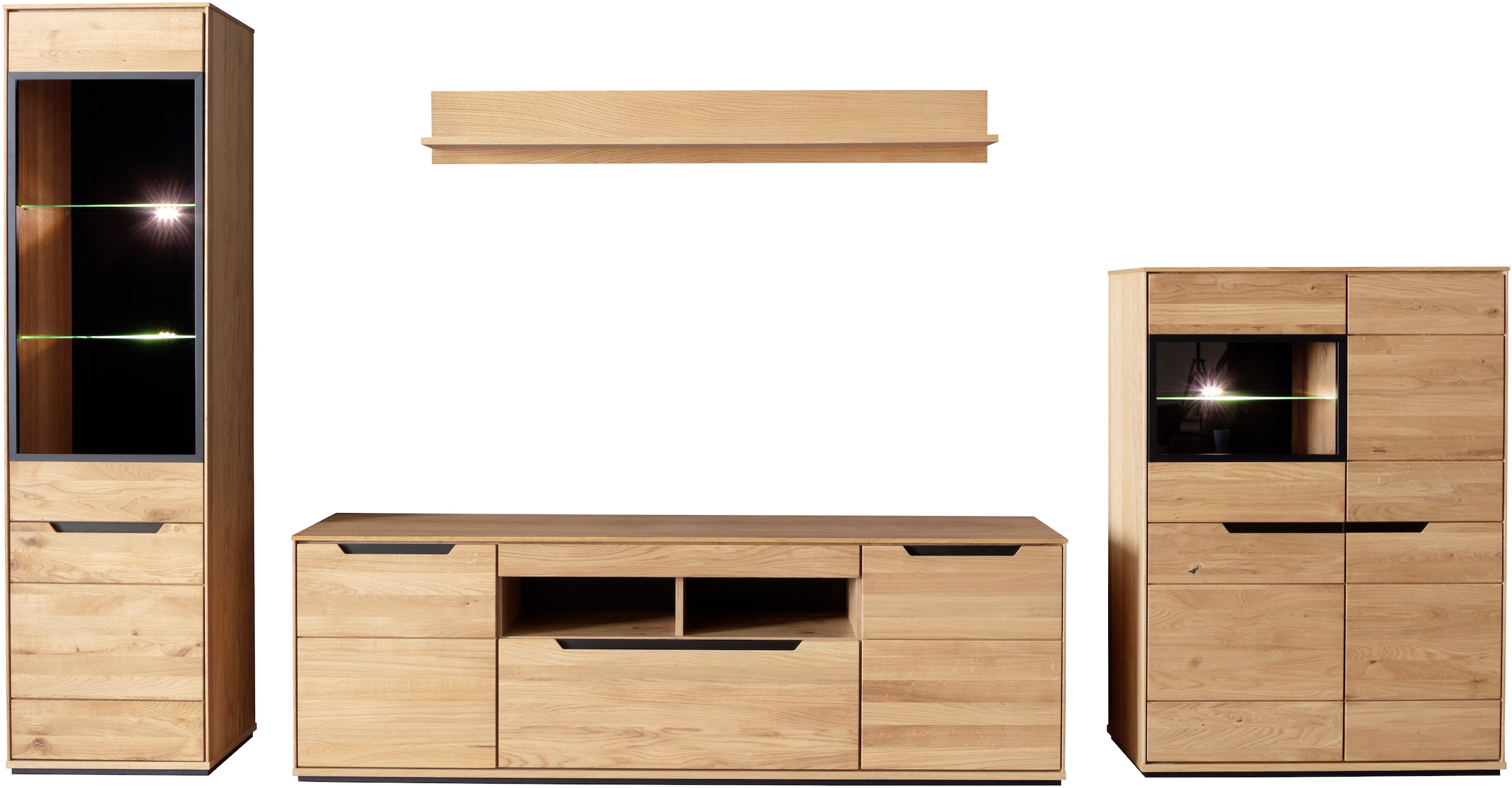 MCA living Wohnwand »Araya Wohnkombination II«, (Komplett-Set, 4 St., optional: Glaskantenbeleuchtung), Schubkästen/ Türen gedämpft