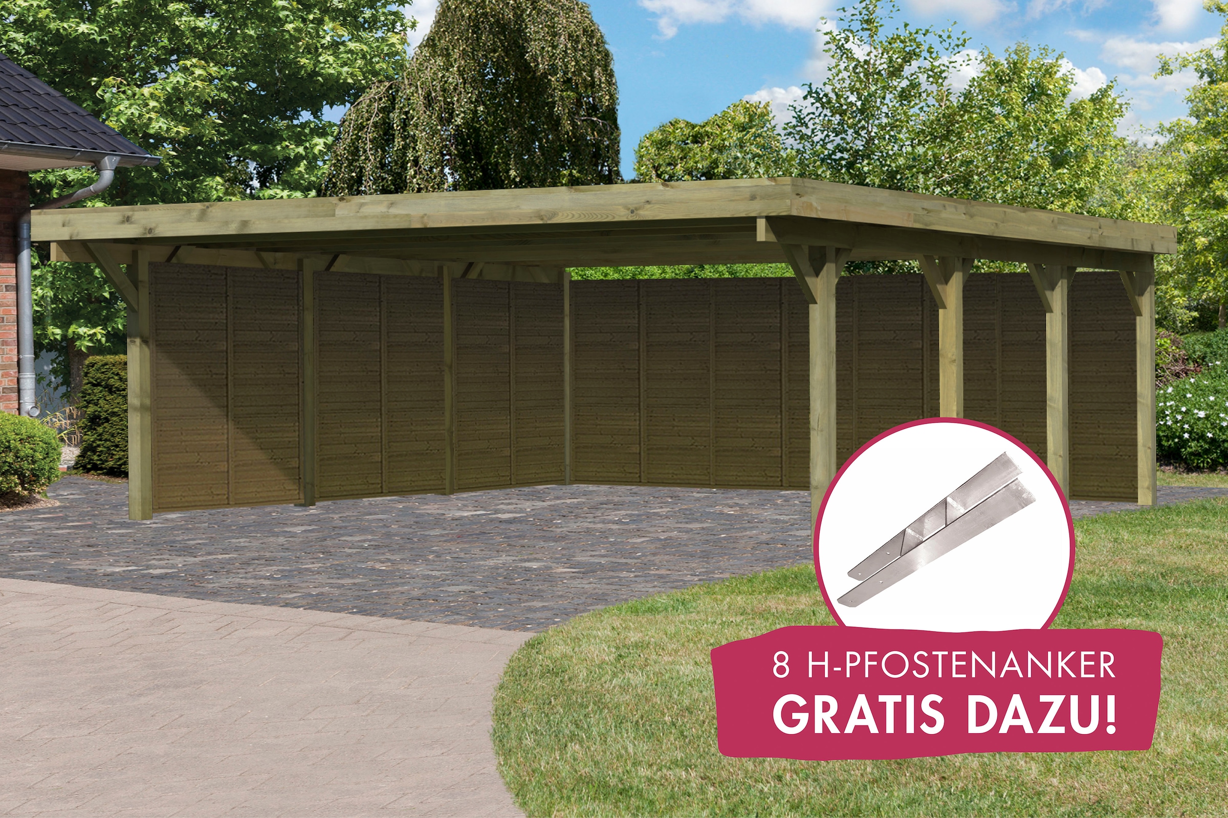 Karibu Doppelcarport »Classic 2«, Holz, 540 cm, braun, mit Rückwand und 3 Seitenwänden