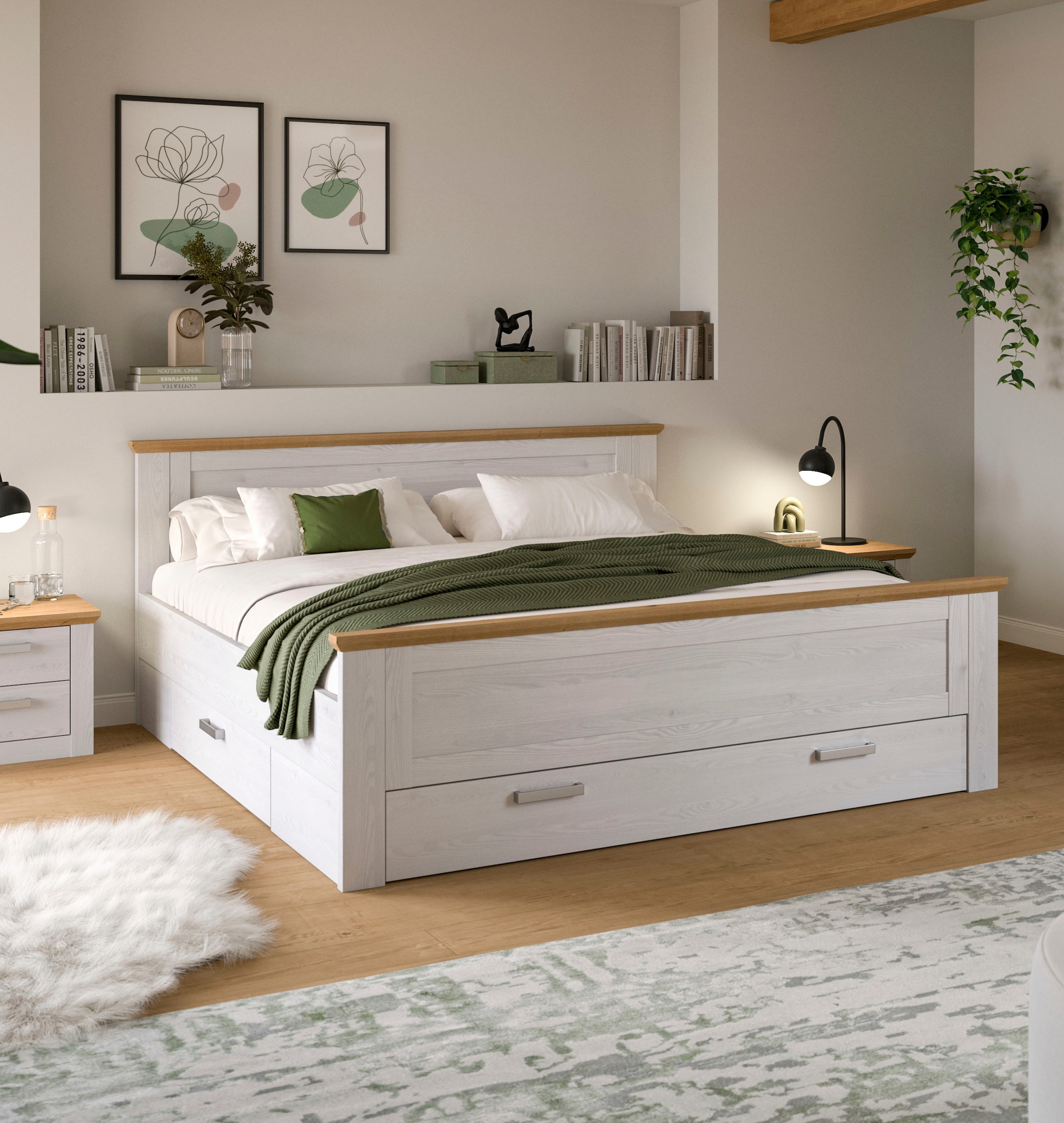 Home affaire "COSENZA, Breite 189cm, im Landhausstil, 3 Schubkästen" für Matratzen 180x200 cm, viel Stauraum, ohne Matratzen und Lattenrost, Bett, Kastenbett, Bettgestell, Schlafzimmer, Schlafen