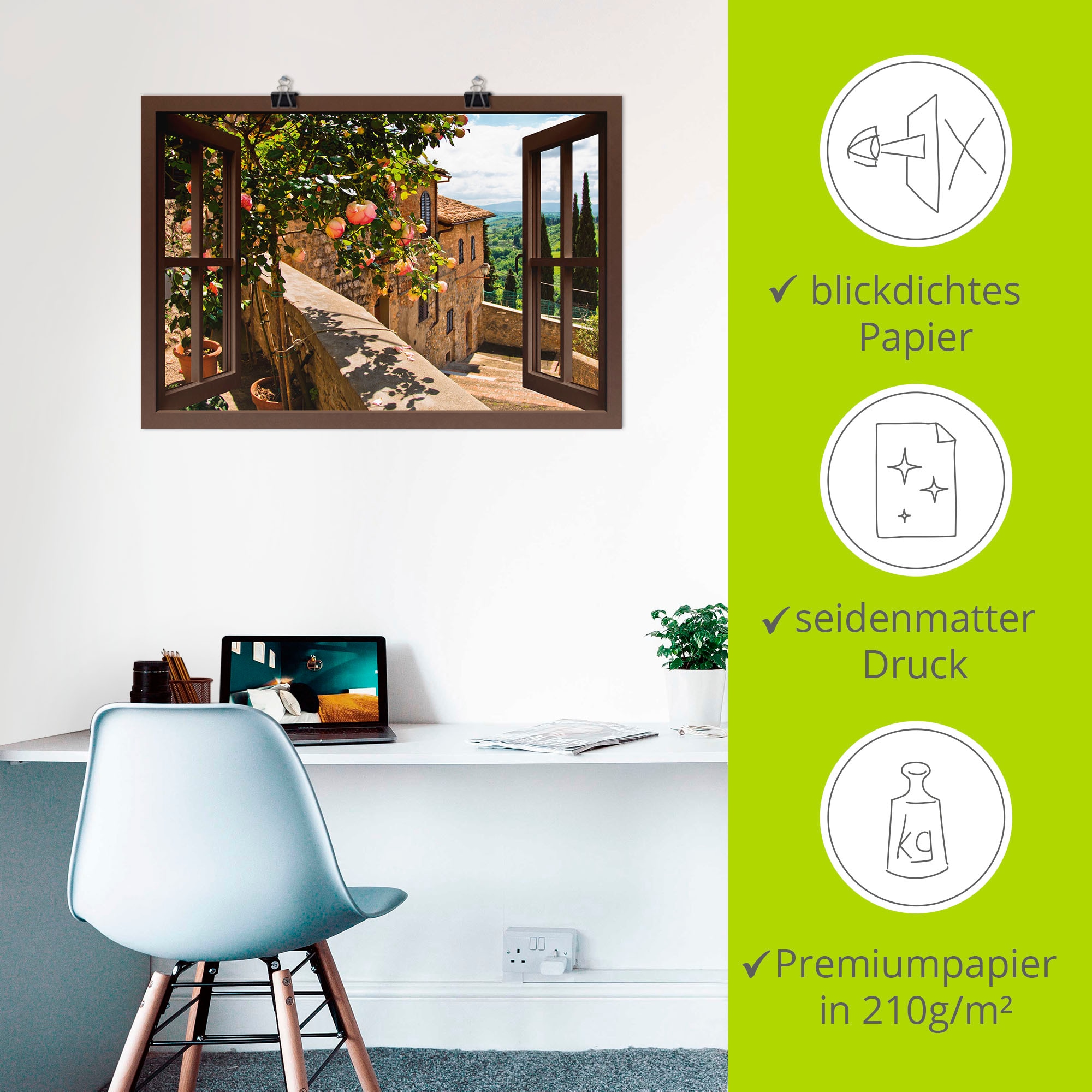 Artland »Fensterblick Rosen auf Balkon Toskana« Garten 1 Stk. tlg. als Leinwandbild, Poster in verschied. Größen