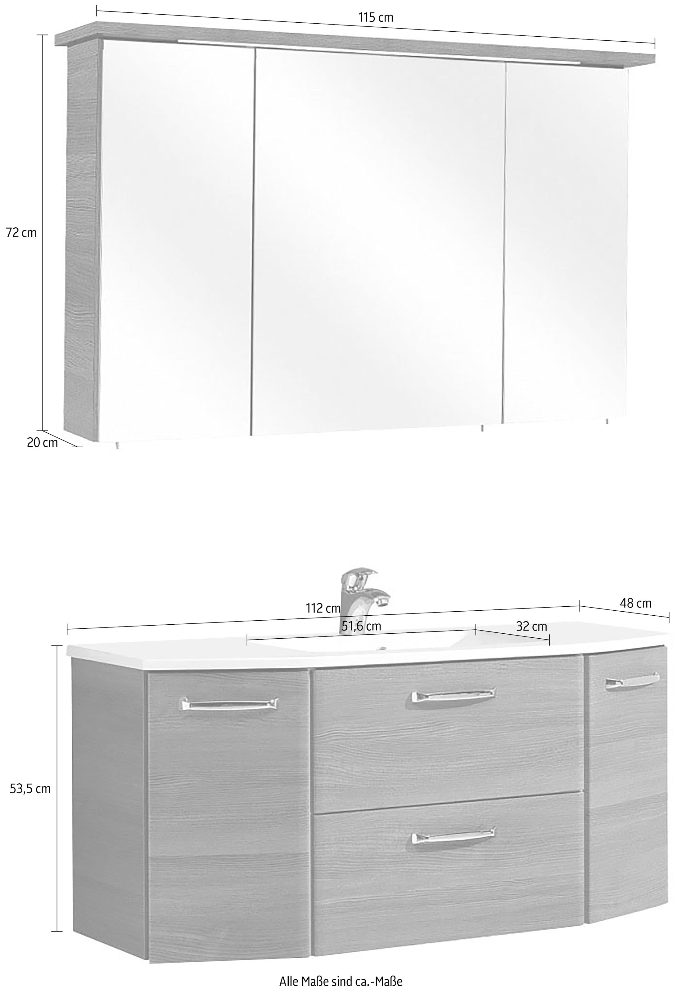 Saphir Badmöbel-Set »Quickset 2-teilig, Glaswaschtisch mit LED-Spiegelschrank, 115 cm breit«, (2 St.), Badezimmer Set inkl. Türdämpfer, 5 Türen, 1 Klappe, 1 Schublade
