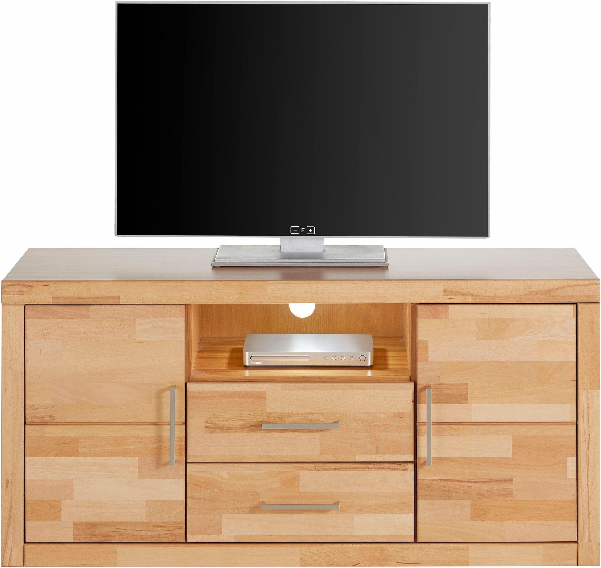 Home affaire Lowboard »Logo,130cm breit, Fronten Massivholz,5 Fächer«, Holz massiv, Holzwerkstoff, Metall Griffe,2 Türen,2 Schubladen