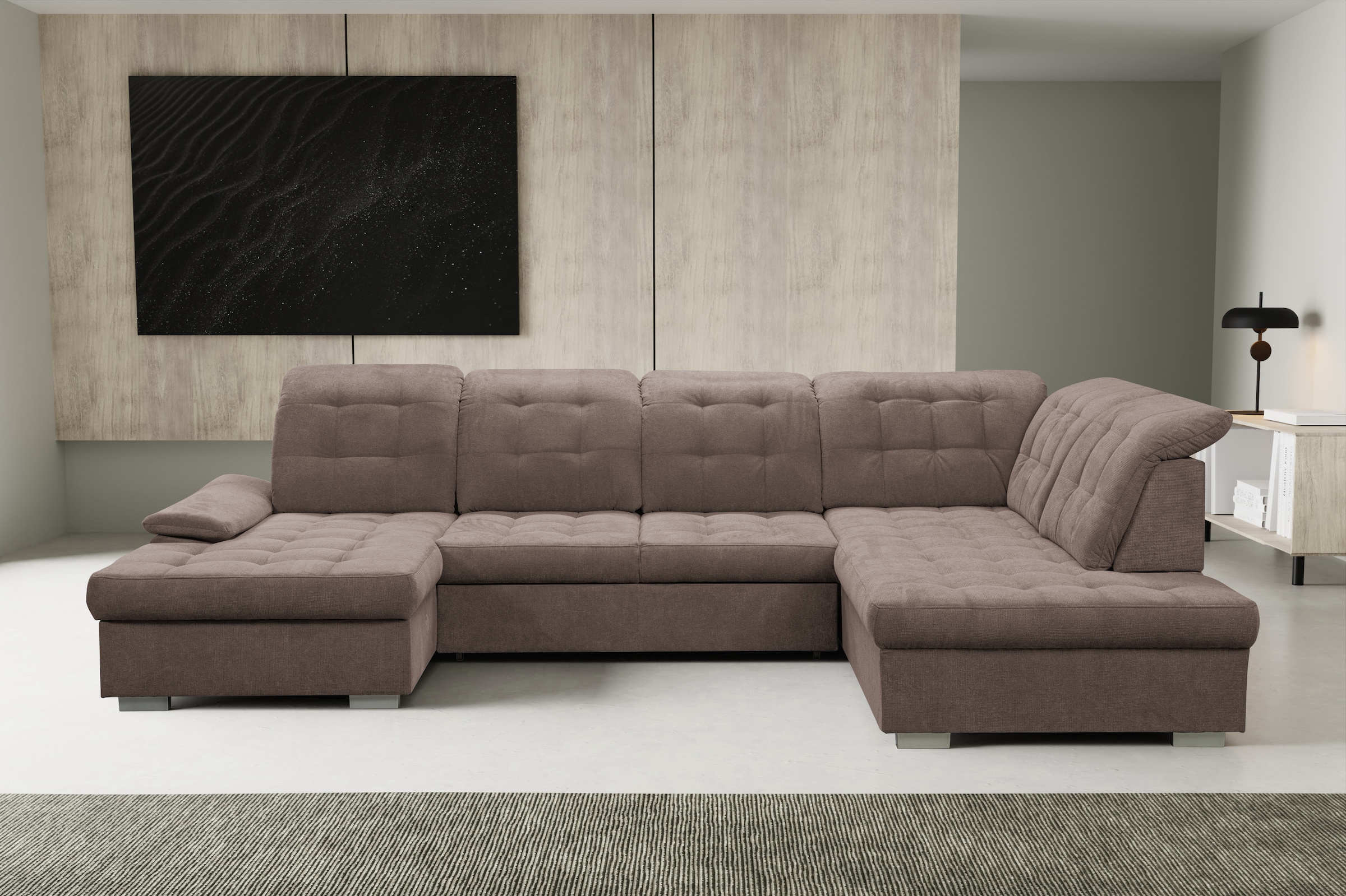 WERK2 Wohnlandschaft "Kordula-New 332 x 217 cm Multifunktion Couch modern und bequem" Luxus-Microfaser Chenille, U-Form, XXL, Sitztiefenverstellung