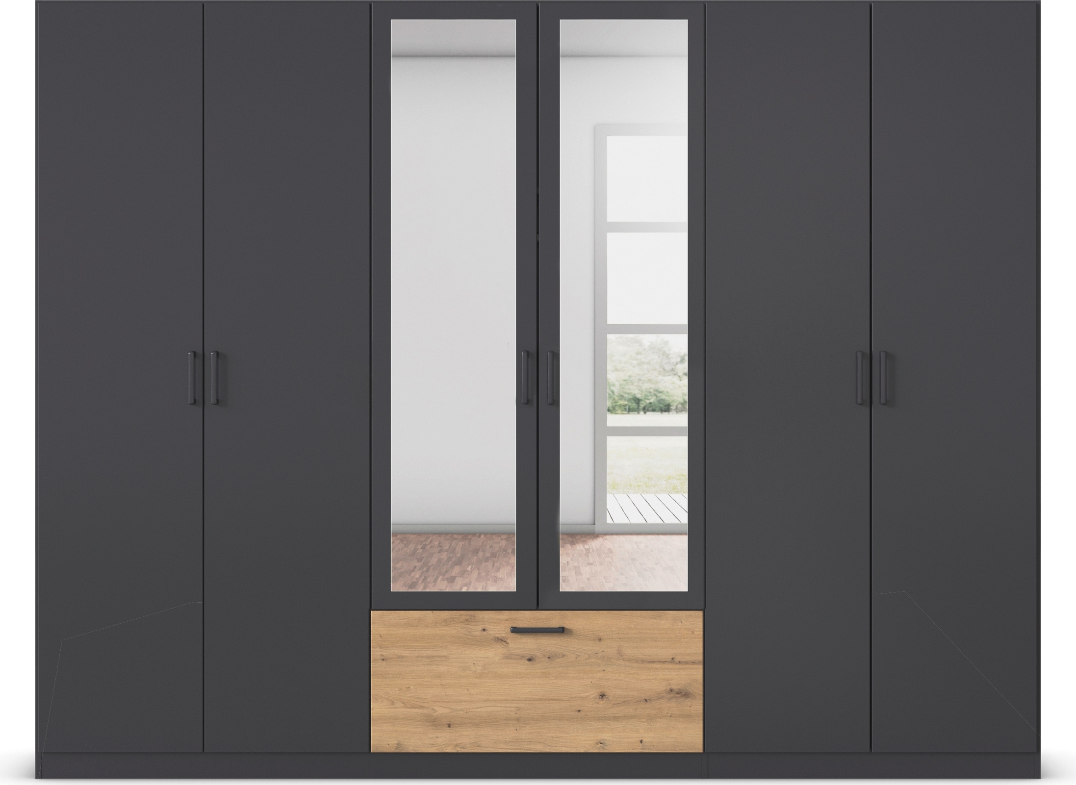 rauch Drehtürenschrank »Kleiderschrank Schrank Garderobe Wäscheschrank BARI mit Spiegel«, mit Schubasten mittig, moderner Griff in Graumetallic MADE IN GERMANY
