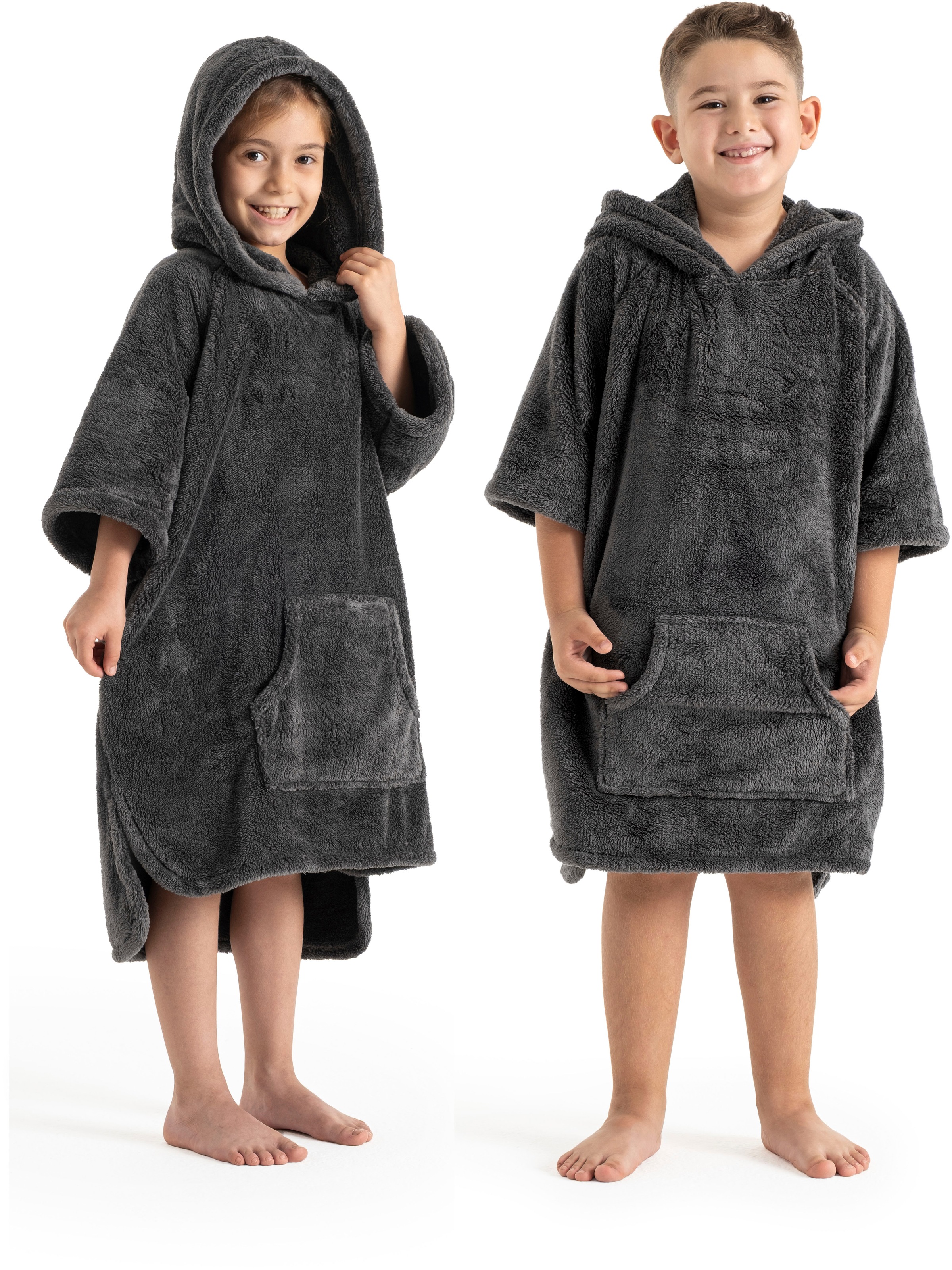 Badeponcho MY HOME, L:35, grau, Microfaser, Hausmäntel, "Lillou, für Kinder, ideal für Urlaub oder im Schwimmbad", weich und kuschelig, Fleece,