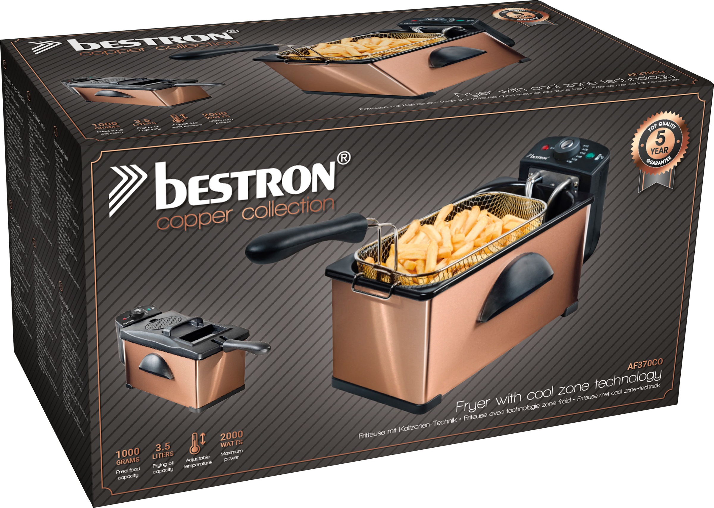 bestron Fritteuse »AF370CO«, 2000 W, Fassungsvermögen 1 kg, mit Cool Zone, 3,5 Liter, Kupfer