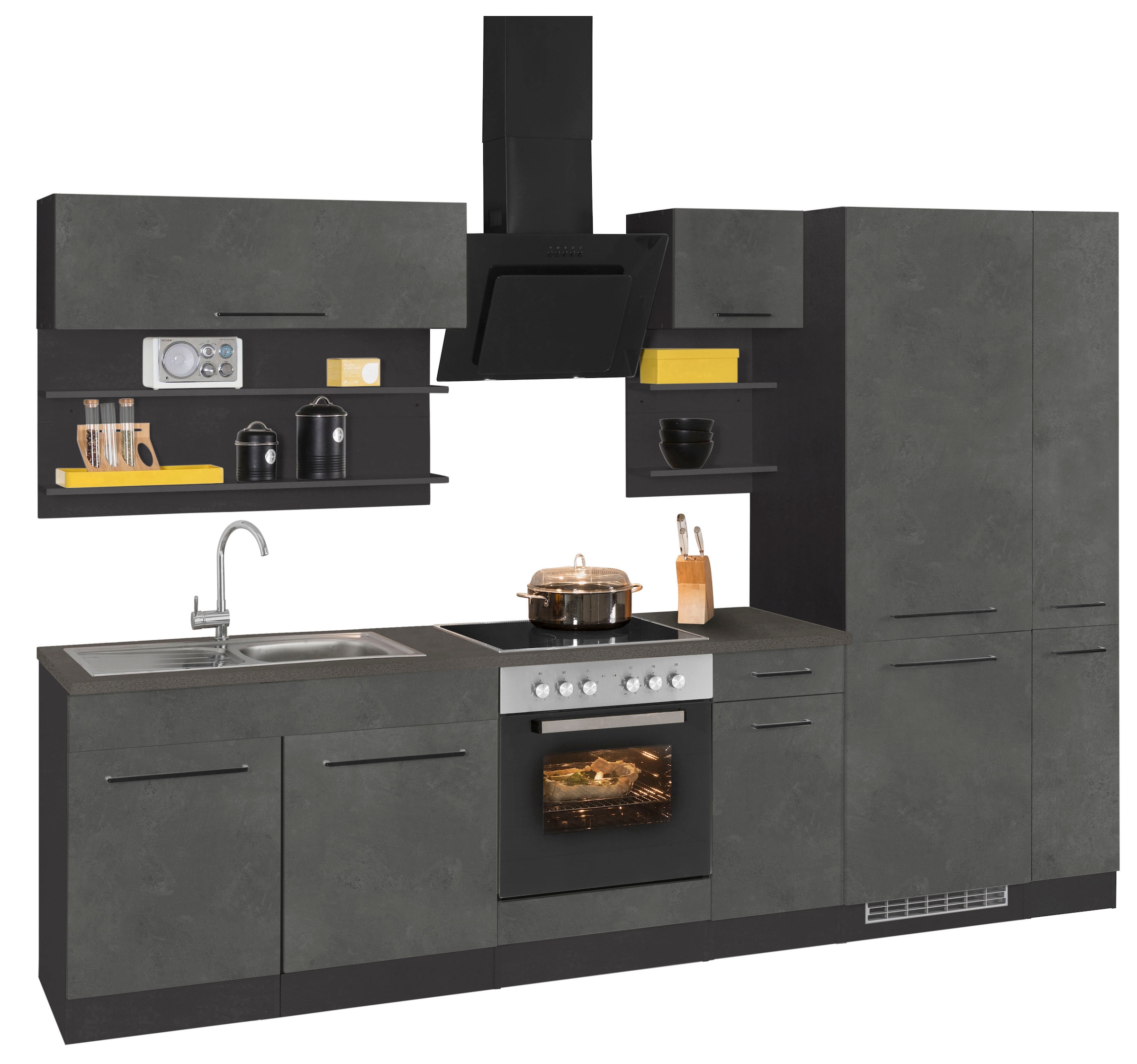 KOCHSTATION Küchenzeile »KS-Tulsa«, mit E-Geräten, Breite 300 cm, schwarze Metallgriffe, MDF Fronten