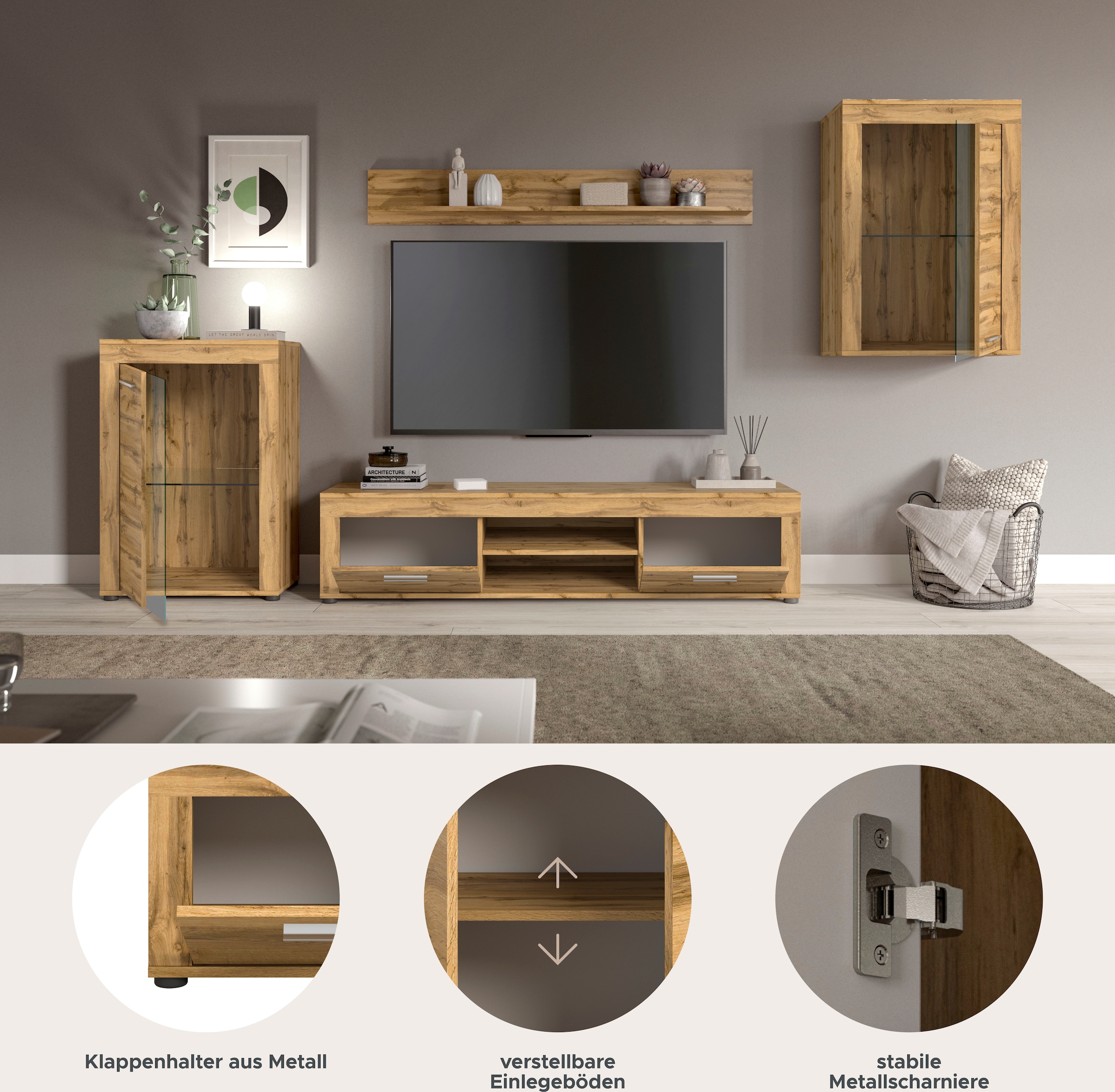 INOSIGN Wohnwand »Aosta, 4-tlg., bestehend aus: 2x Vitrine, Lowboard & Wandboard«, (4 St.), Wohnwand, Kombination, Anbauwand, Möbel Set, Schrankwand, Möbel Kombi