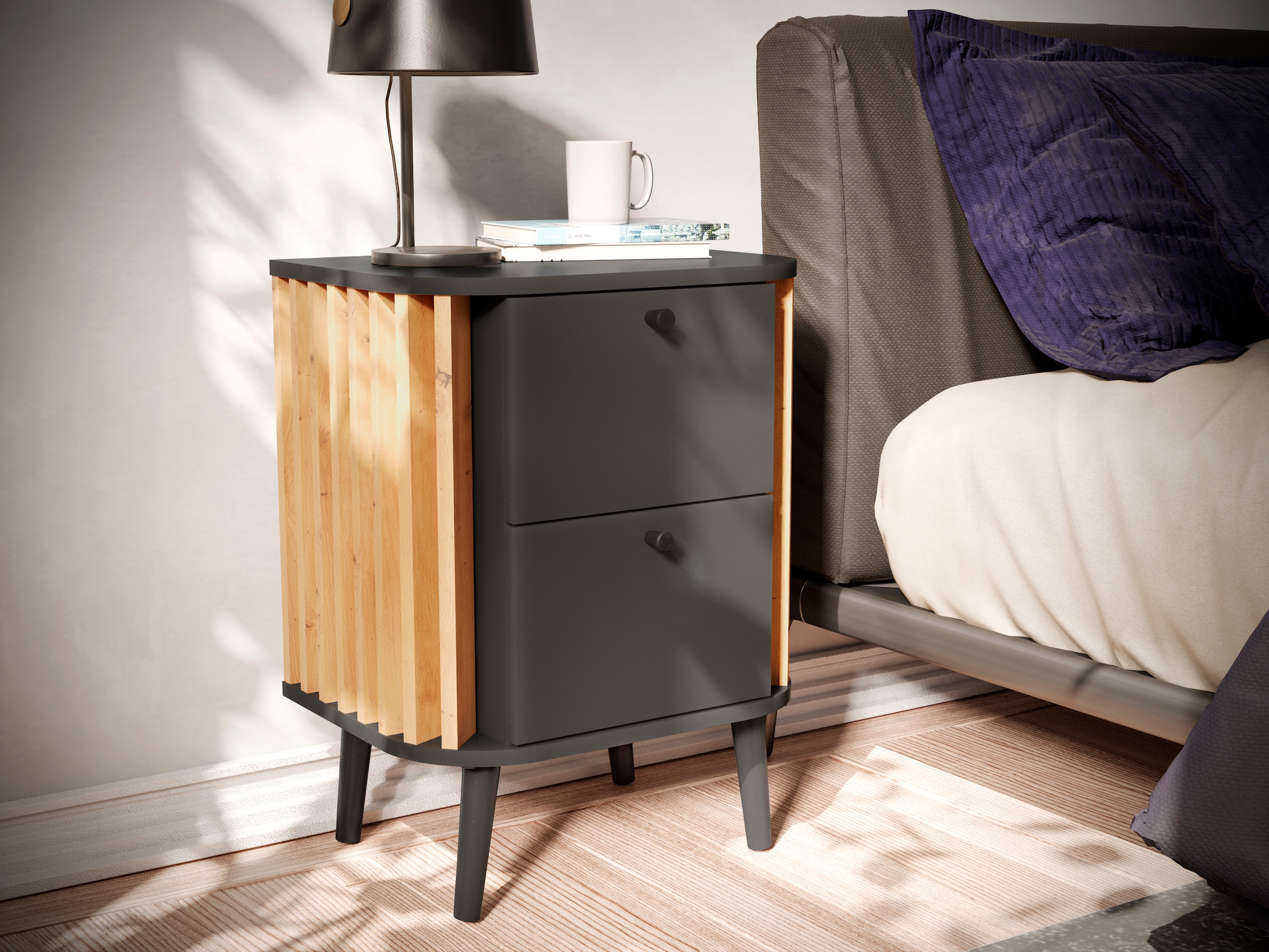 INOSIGN Nachtkommode »Stavanger, Höhe 60 cm, Paneel-Stäbchen-Optik, 2 Schubkästen«, (1 St.), Nachtkonsole, Nachttisch, Nako, Kommode