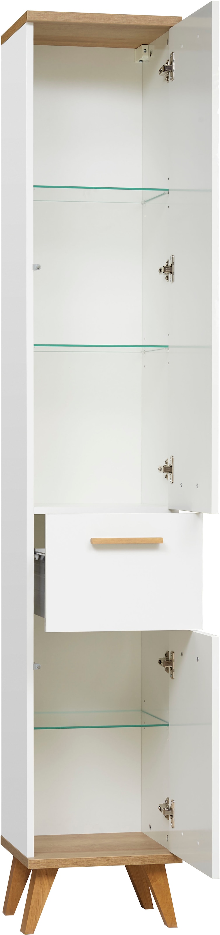 Saphir Badmöbel-Set »Quickset Mineralmarmor-Waschtisch mit LED-Spiegel, Unterschrank«, (7 St.), Hängeschrank, Hochschrank, 6 Türen, 2 Schubladen, 7 Glas-Einlegeböden