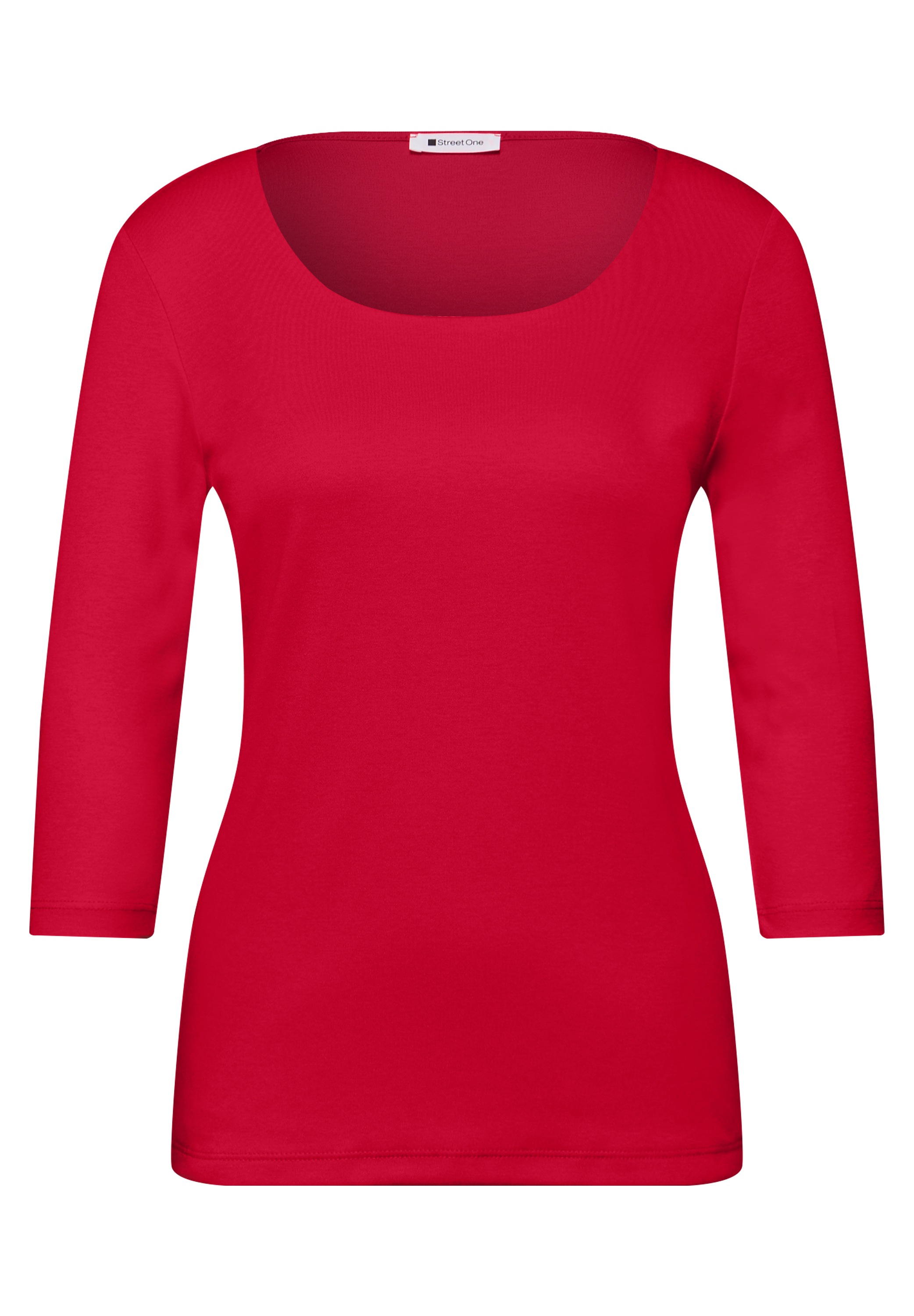 3/4-Arm-Shirt STREET ONE "Style Pania", Damen, Gr. 46, salsa rot, Jersey, Obermaterial: 50% Baumwolle, 50% Modal. Futter: 100% Baumwolle, unifarben, normal hüftlang, Rundhals, abgesteppt, Shirts 3/4-Arm-Shirt, in Unifarbe 3