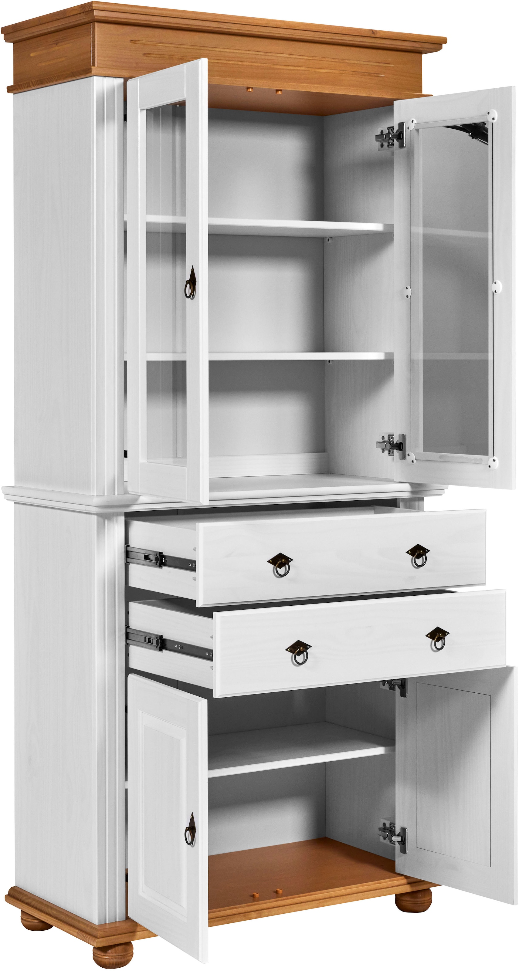 Inter Link Vitrine »Halmaro, Kiefer Massivholz, Weiss/Grau-Lava, 101 x 46,30 x 220 cm« 1 Stk. tlg. Buffet im Laudhausstil, Küchenschrank mit Glastüren, viel Stauraum