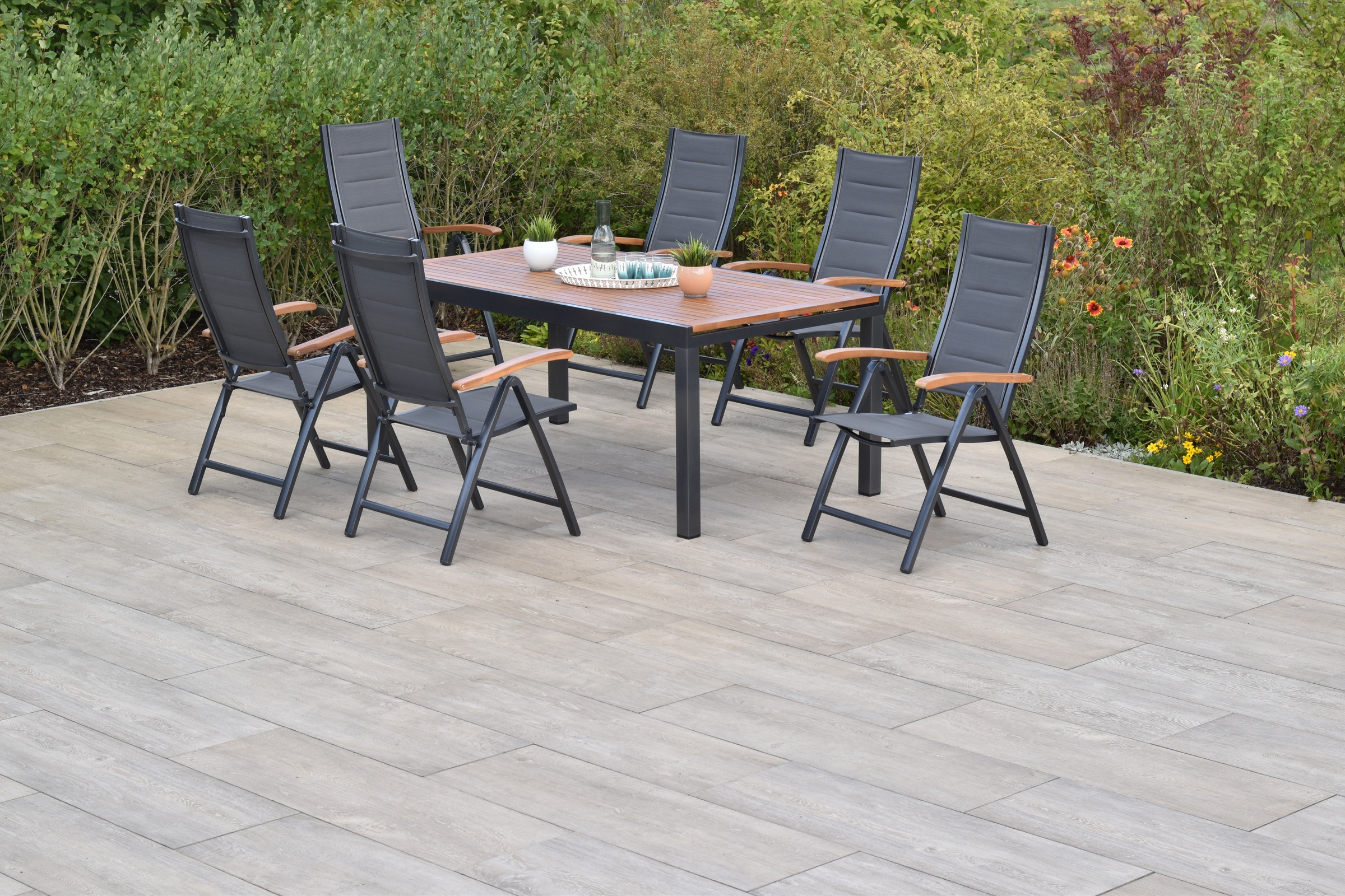 MERXX Garten-Essgruppe »»Paxos««, (Set, 7 tlg., 5-fach verstellbare Rückenlehne, gepolsterte Sitz- und Rückenfläche), Ausziehtisch: LxB: 180-250 x 100 cm