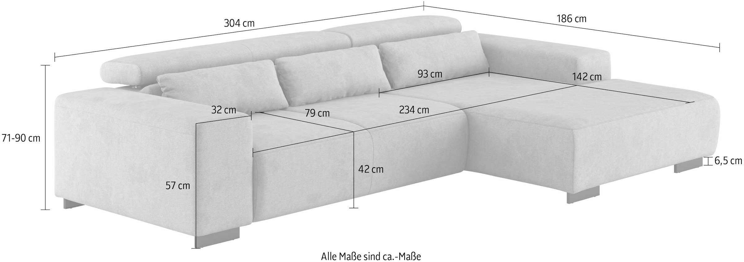 COTTA Ecksofa »Side L-Form, mit Kopfteilverstellung & 3 Nierenkissen«, optional motorische Sitztiefenverstellung