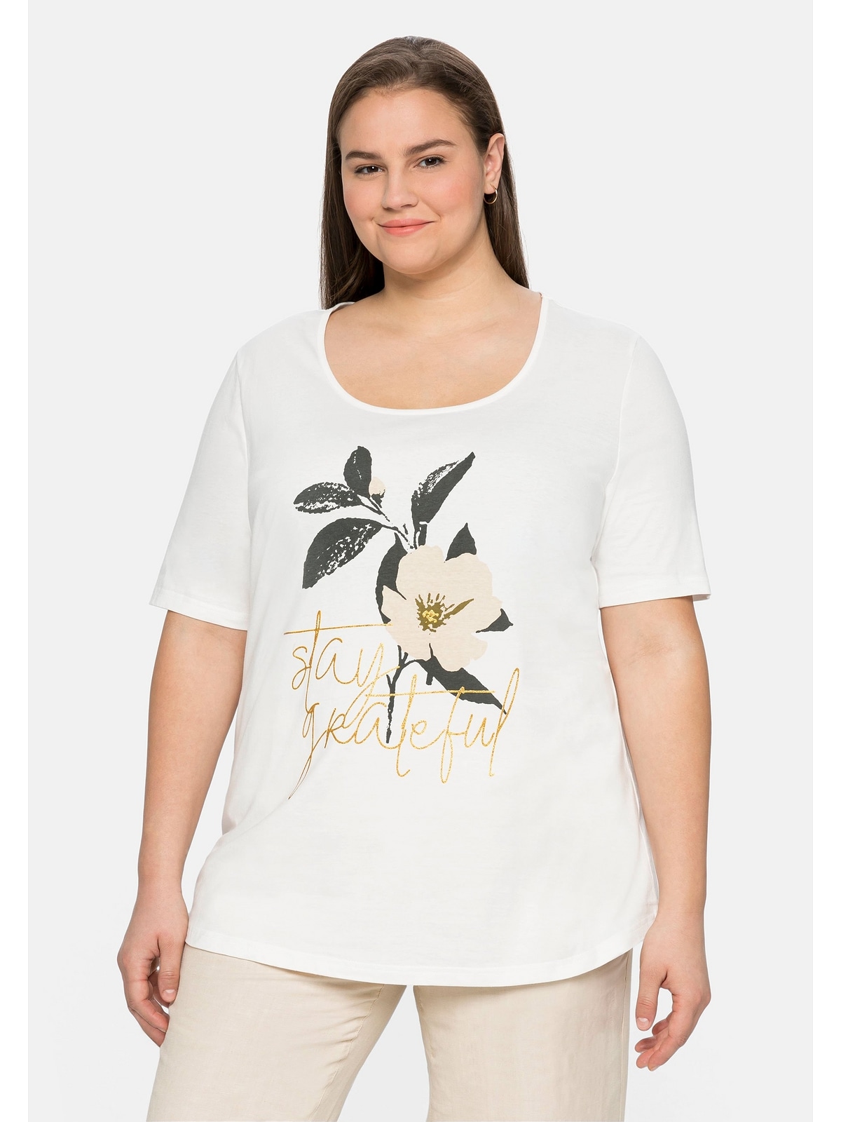 Sheego Rundhalsshirt »Große Größen«, mit Blumendruck und Glitzerschrift  kaufen | BAUR