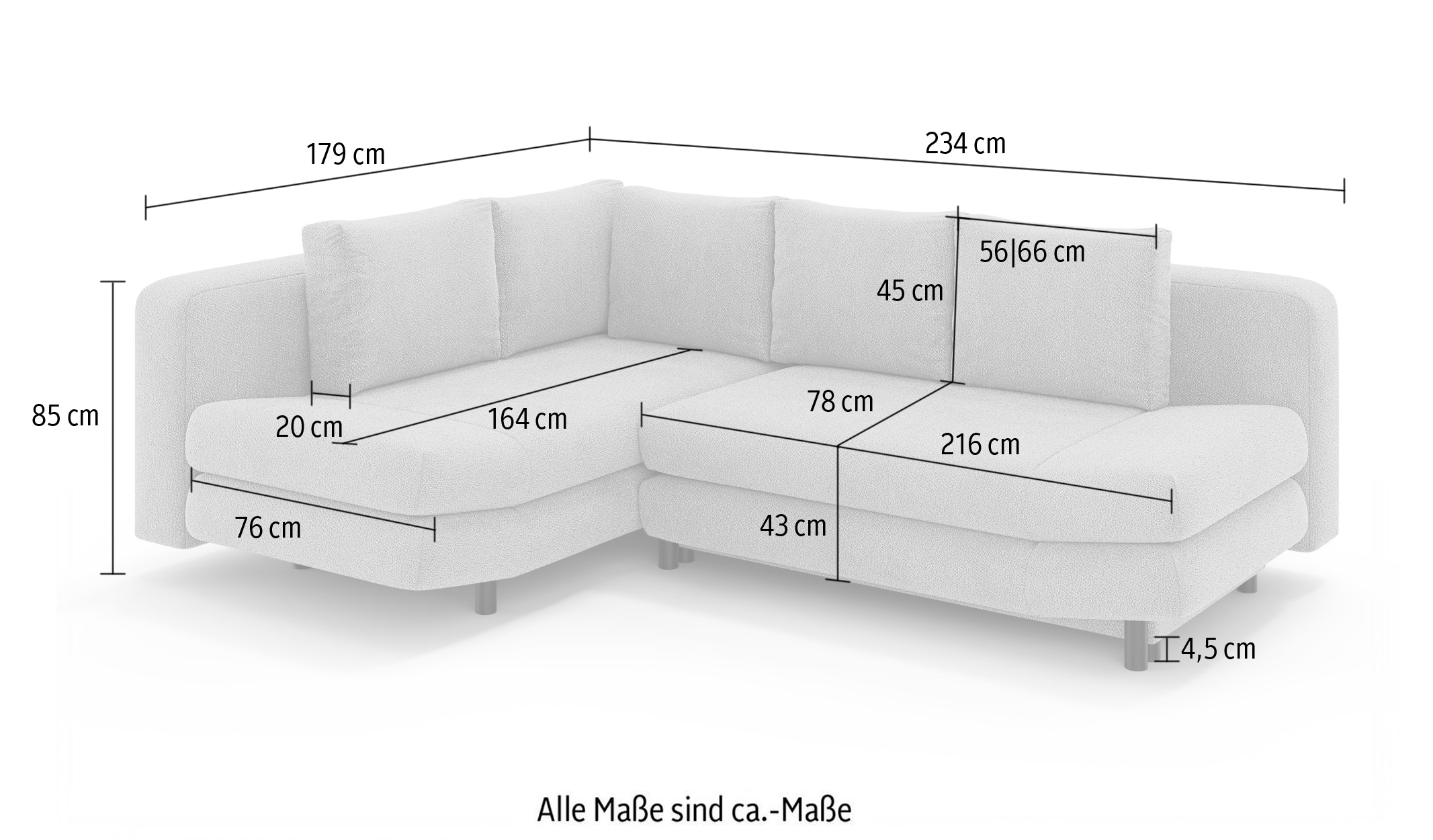 Home affaire Ecksofa »LENNARA Schlafsofa mit Bettkasten, Maße B/T/H: 234/179/85 cm«, L-Form mit Ottomane rechts/links, mit Wellenunterfederung