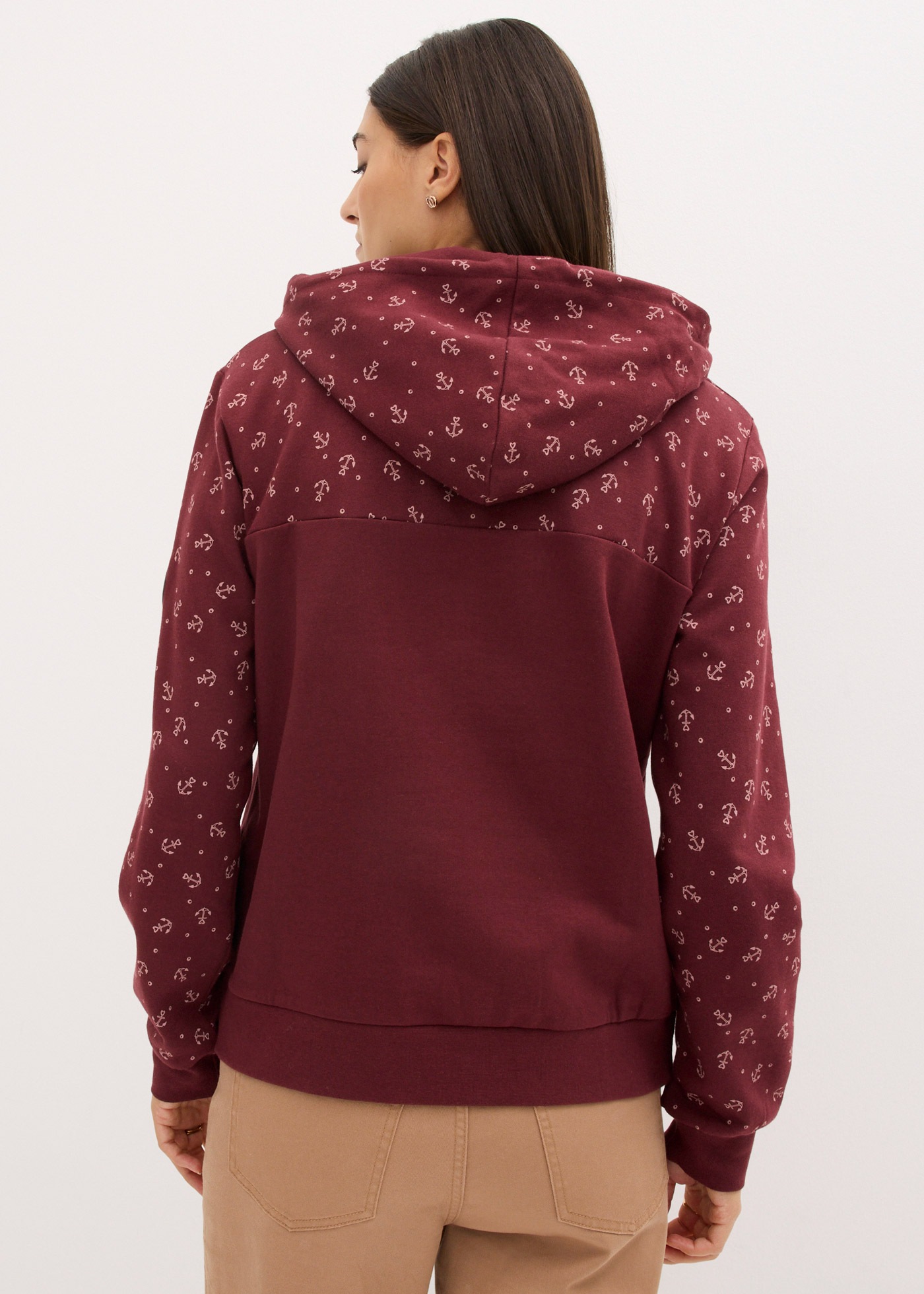 bonprix Hoodie »Kapuzensweatshirt mit Reißverschluss aus reiner Baumwolle«, lässig geschnittene Passform, mit maritimem Muster und Anker-Motiven
