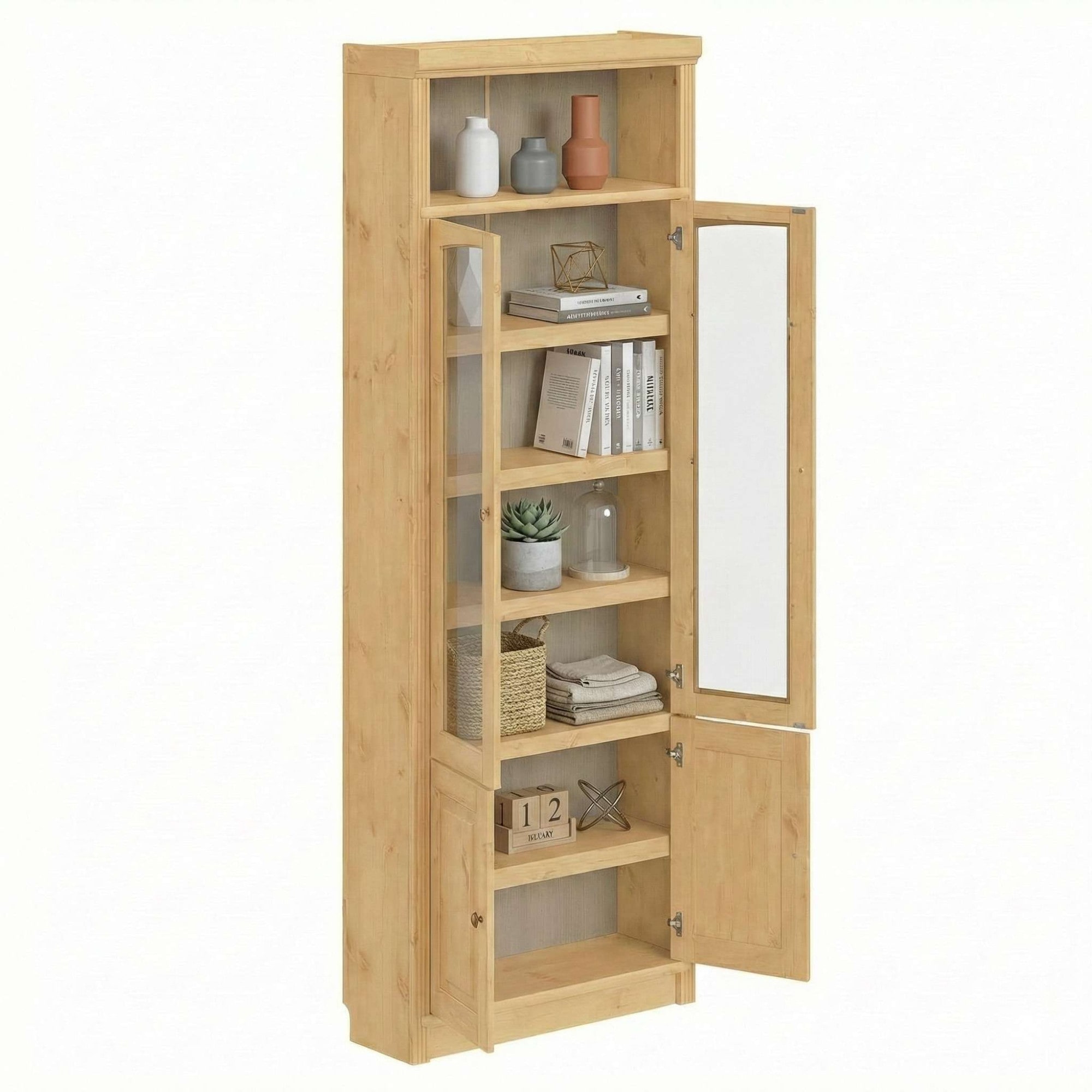 OTTO home Vitrine »Soeren Regal mit 2 Glastüren und 2 Holztüren, B/TH: 80/29/220 cm« Kiefer FSC®-zertifiziert, 1 offenes Fach, 6 Fächer hinter den Türen