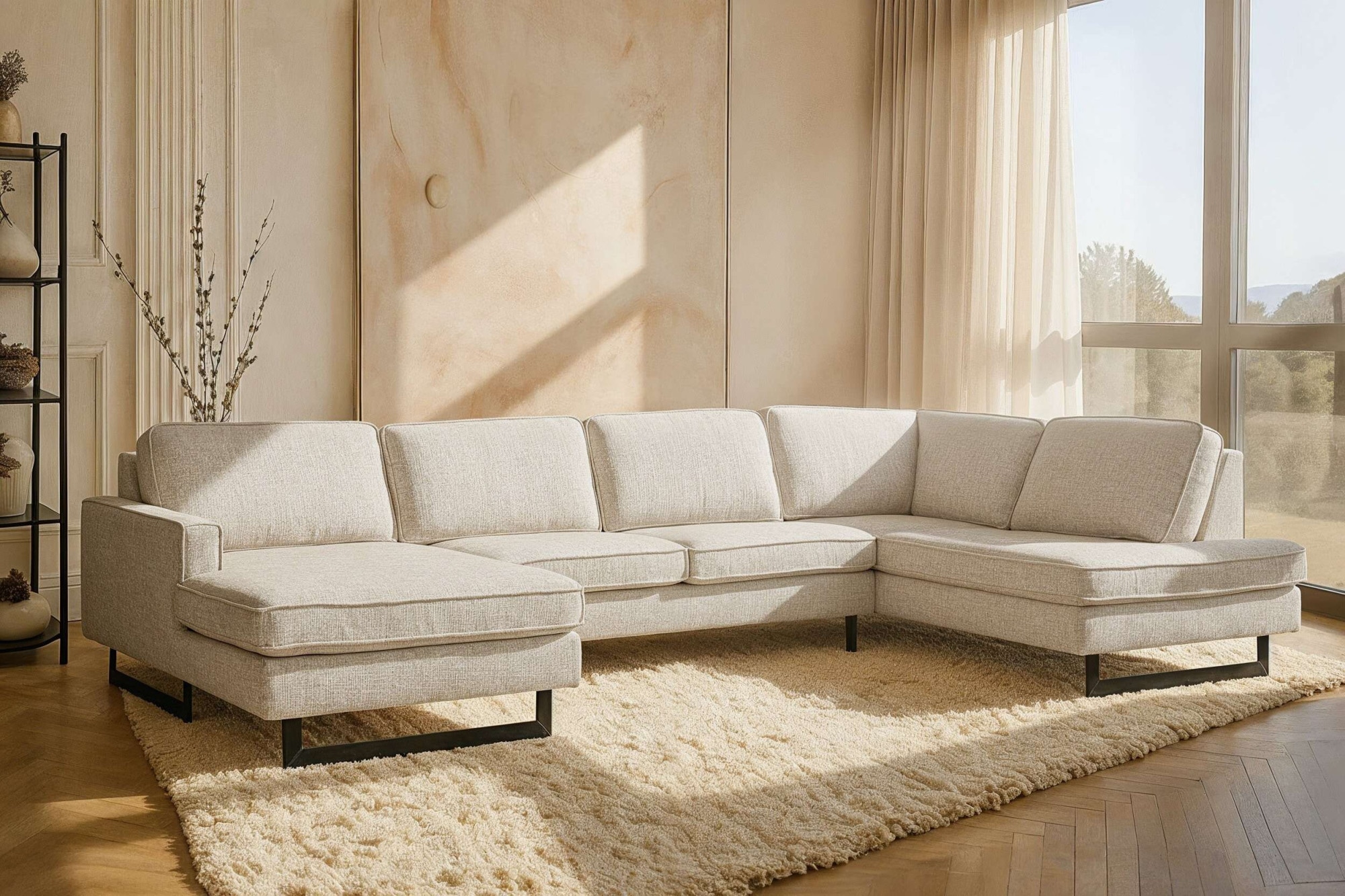 OTTO home Wohnlandschaft "Pinto, 350 cm, U-Form, XXL, mit Ottomanen" Cord, Chenille, Lederoptik, mit Keder, Metallfüße, Wellenunterfederung