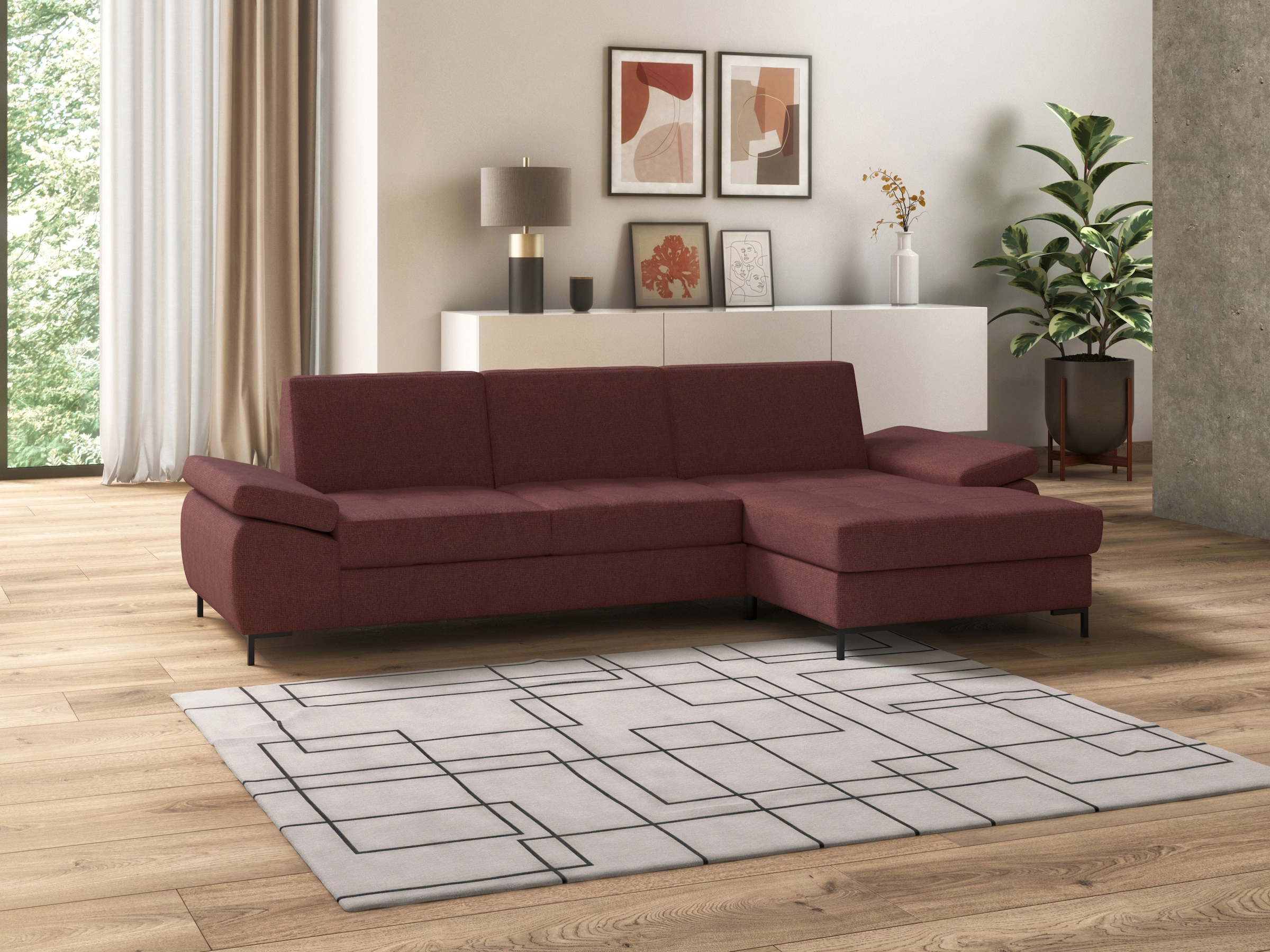 DOMO collection Ecksofa "Capelo, komfortabel, klare Linien zeichnen dieses Design aus, L-Form" mit Armteilverstellung, wahlweise mit Bettfunktion, Federkern