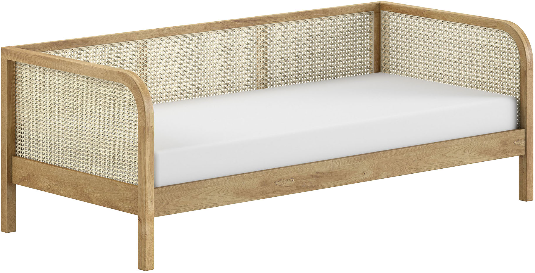 Vipack Bett "Olive, mit Eiche massiven Bettpfosten, Bettseiten furniert" B/H/T ca. 210x75x96,6cm, Auf. Natur, zeitloses Design, 90/200 inkl. Lattenrost und trendigen Rattan Kopf- u. Seitenteilen
