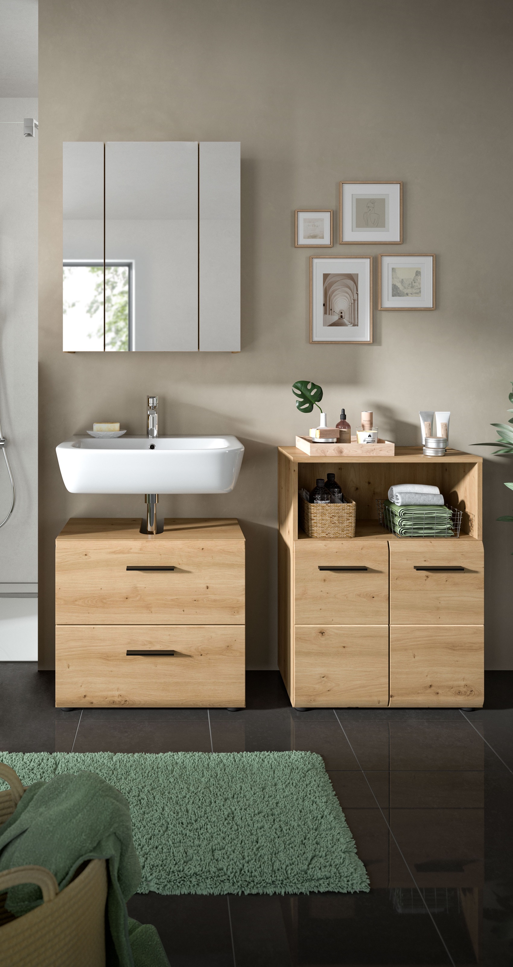 INOSIGN Badmöbel-Set »FLORENZ, TOPSELLER!, 3-teilige Badkombination, hochwertige MDF-Front«, (Set, 3 St., best. aus: Waschbeckenunterschrank, Spiegelschrank, Midischrank breit), Florenz, Badkombination 3-tlg.,Artisan Oak NB, WBU, Stanschrank breit