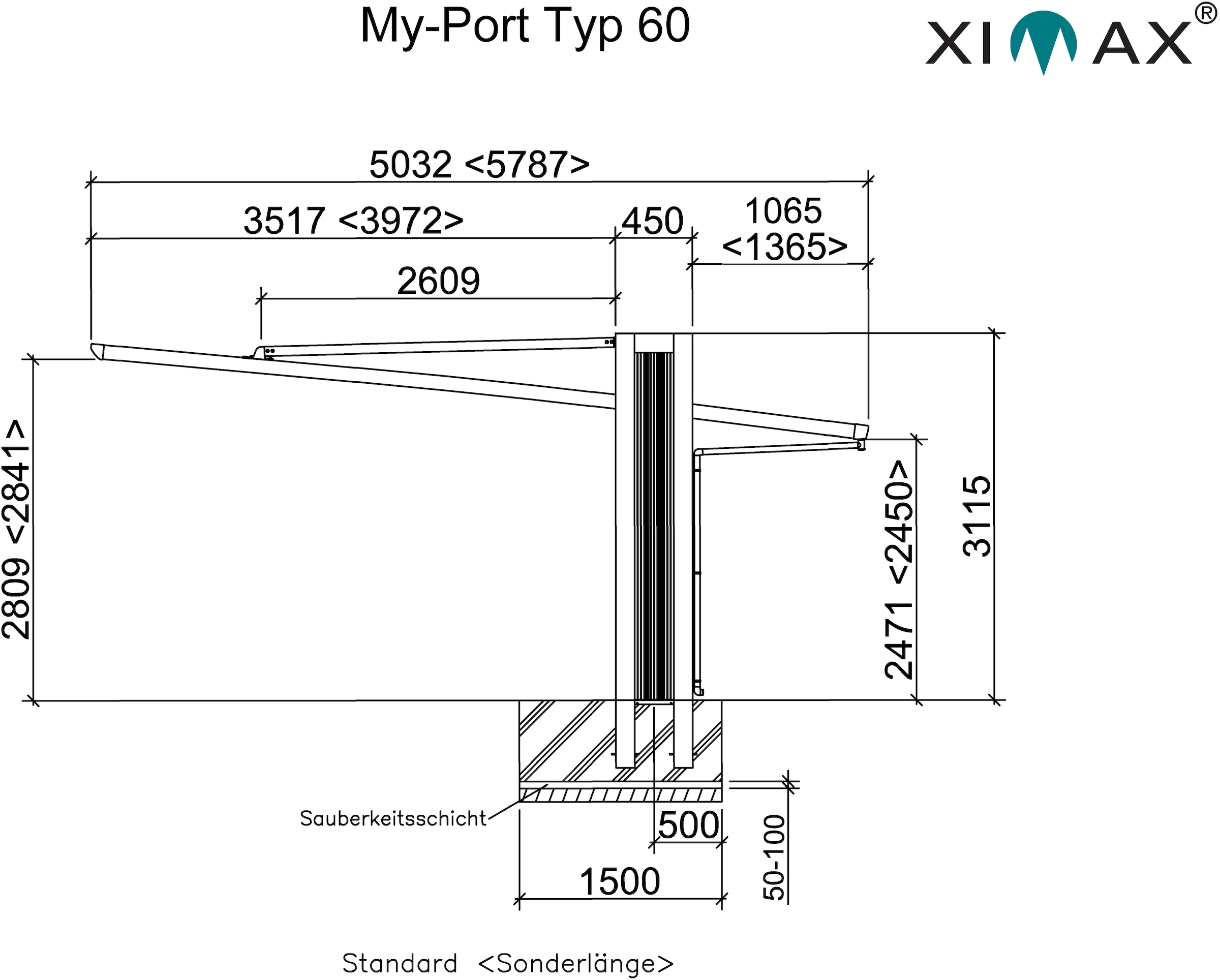 Ximax Einzelcarport »My-Port Typ 2750 Typ 60 Sonderhöhe-Edelstahl-Look«, Aluminium, 228 cm, edelstahlfarben, Aluminium