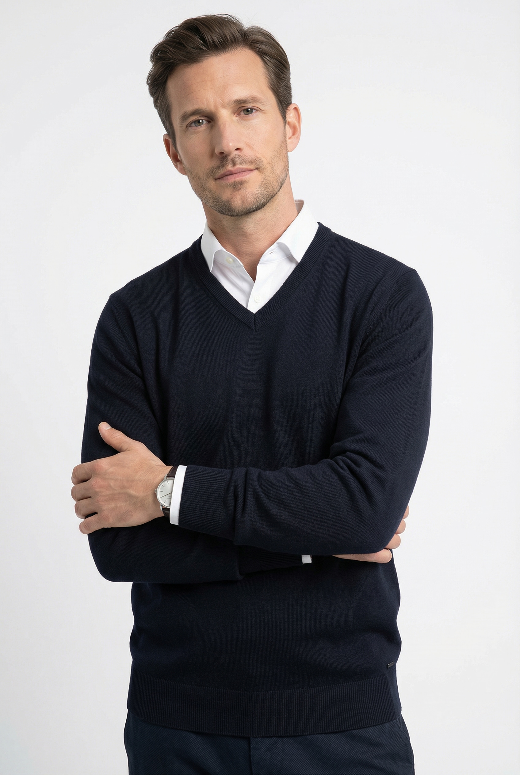 V-Ausschnitt-Pullover OLYMP "OLYMP Strick Casual", Herren, Gr. S, blau (marine), Obermaterial: 100% Schurwolle, tailliert, V-Ausschnitt, Pullover, klassischer Strickpullover