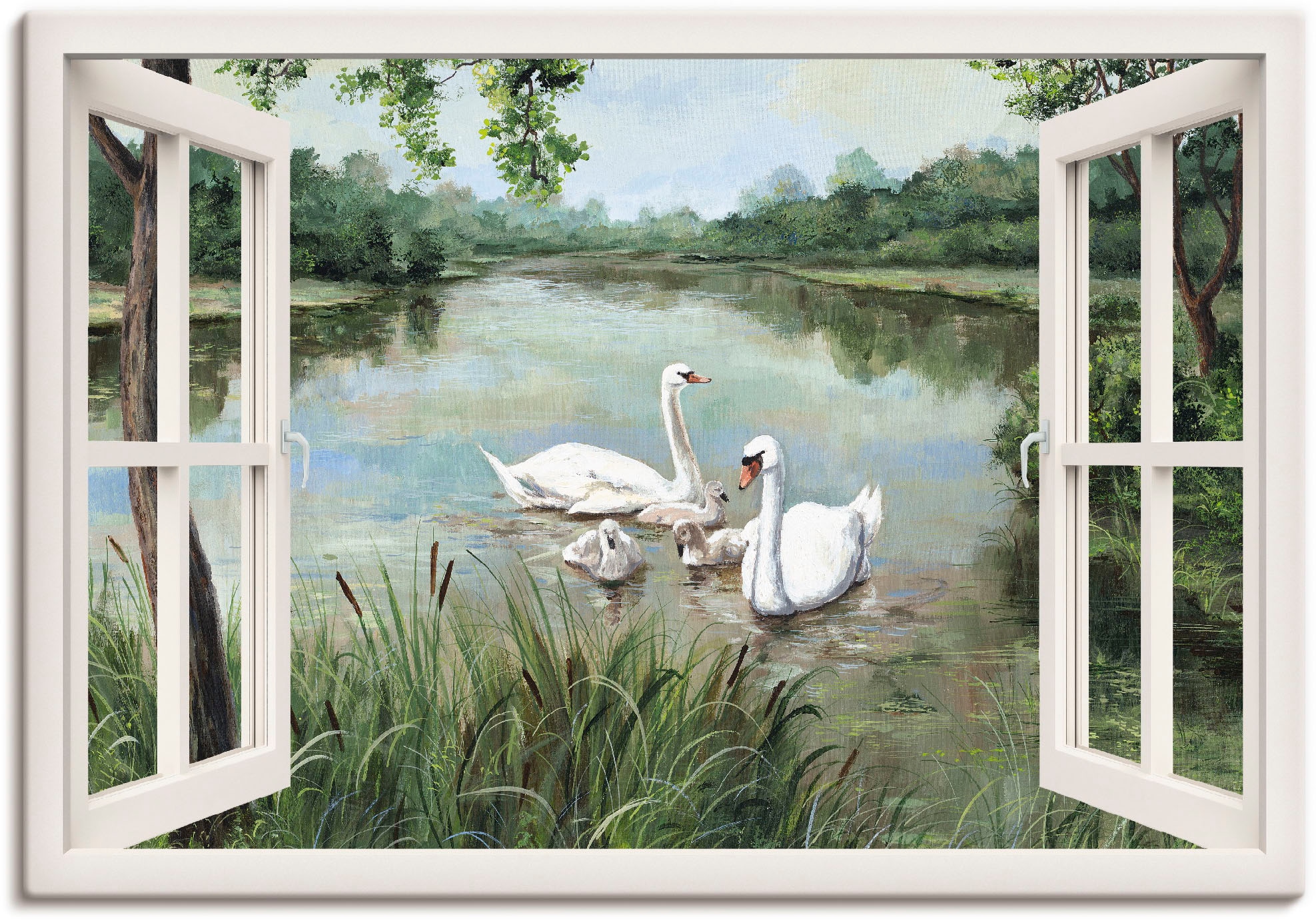 Artland Wandbild "Fensterblick - Schwäne", Vögel, (1 St.), als Alubild, Outdoorbild, Leinwandbild, Wandaufkleber, versch