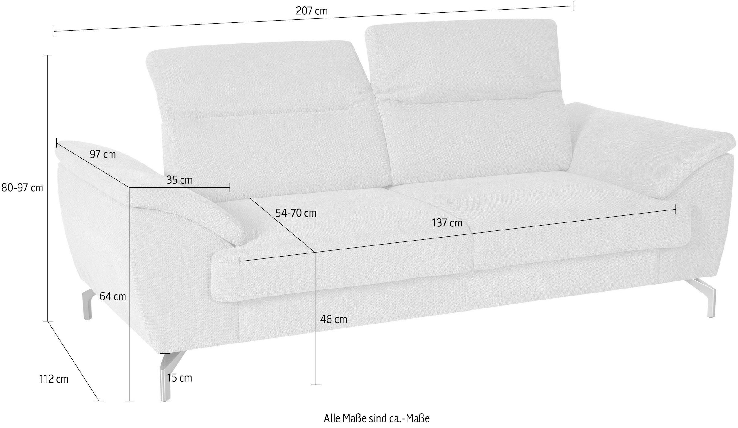 sit&more 2,5-Sitzer »Percy«, 15 cm Fußhöhe, Sitztiefenverstellung, wahlweise Kopfteilverstellung