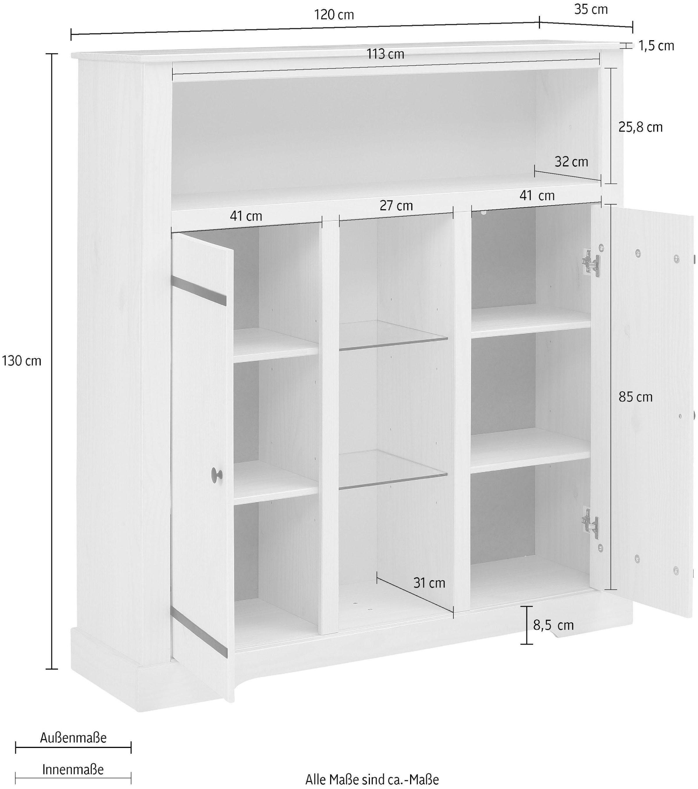 Home affaire Highboard, Stauraumschrank aus massivem Kiefernholz, Breite 120 cm