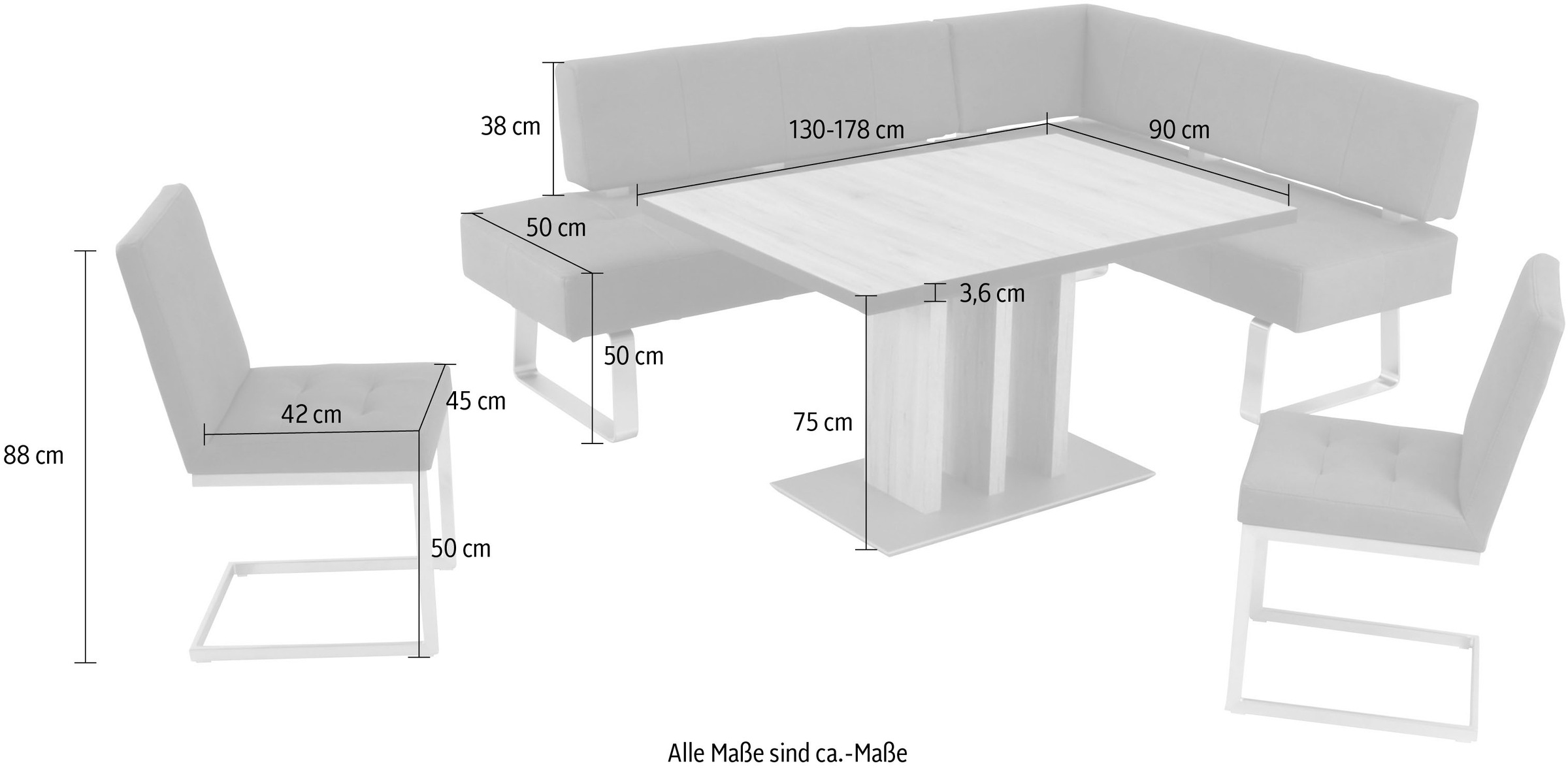 K+W Komfort & Wohnen Eckbankgruppe »Spider II«, (Set, 4 tlg.), langer Schenkel 227cm, 2 Freischwinger, Auszugstisch in Breite 130 cm