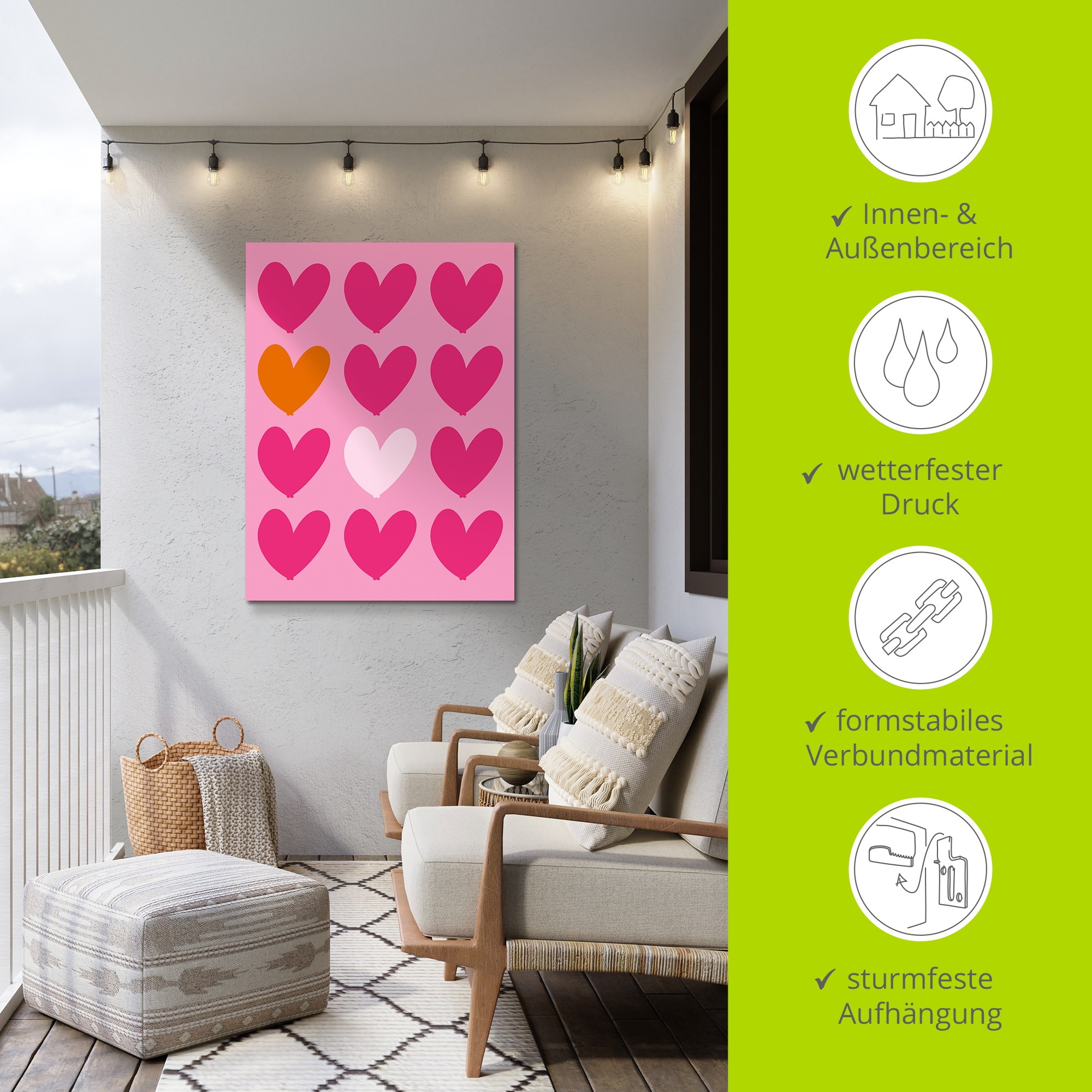 Wandbild ARTLAND "Herzen auf pink", farbe bild(er): pink, B:45cm H:60cm, Alu Dibond, Bilder, als Alubild, Leinwandbild, Poster, Wandaufkleber in verschied. Größen 2