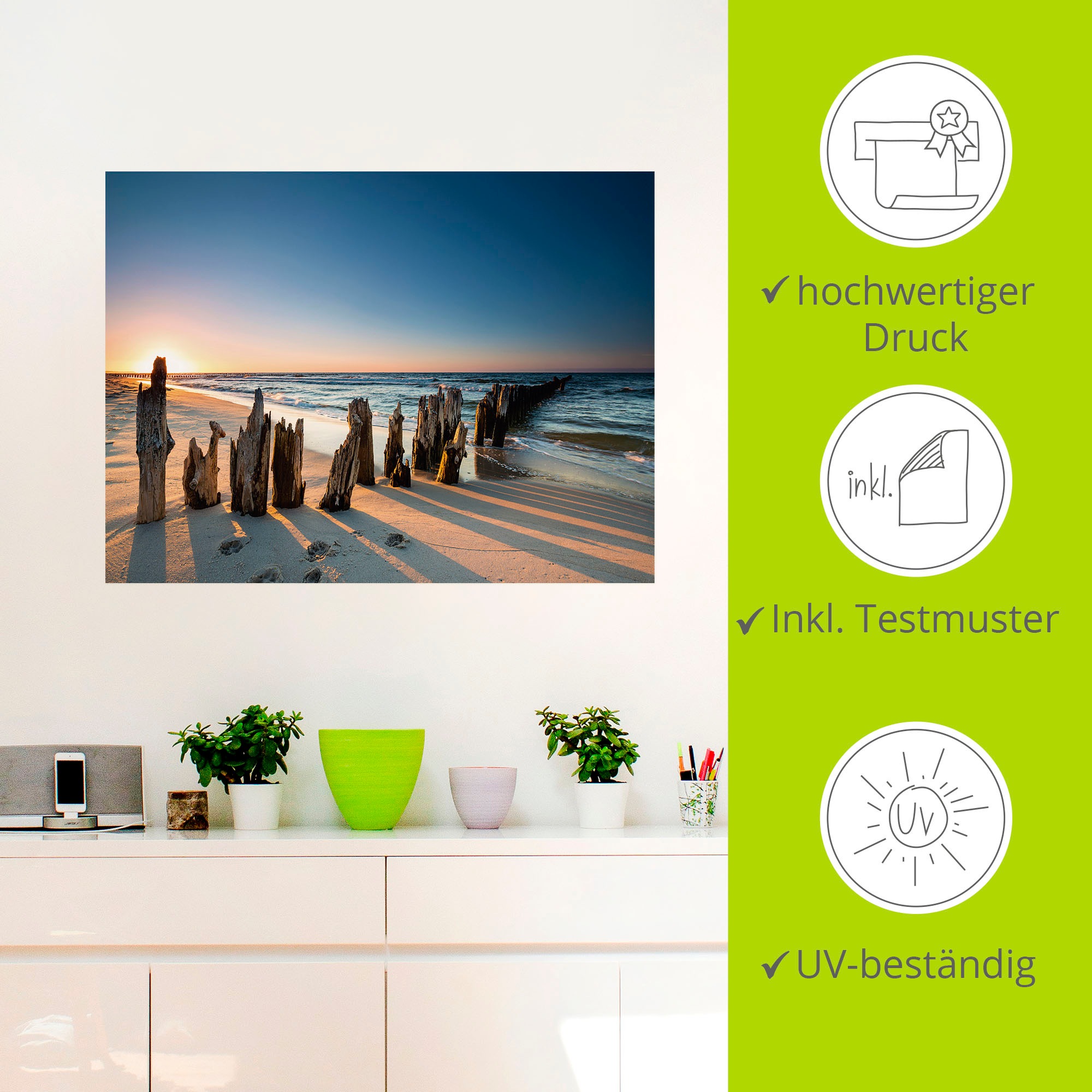 Artland Wandbild »Sonnenuntergang Strand Wellenbrecher«, Meer Bilder, (1 St.), als Alubild, Outdoorbild, Leinwandbild, Poster, Wandaufkleber