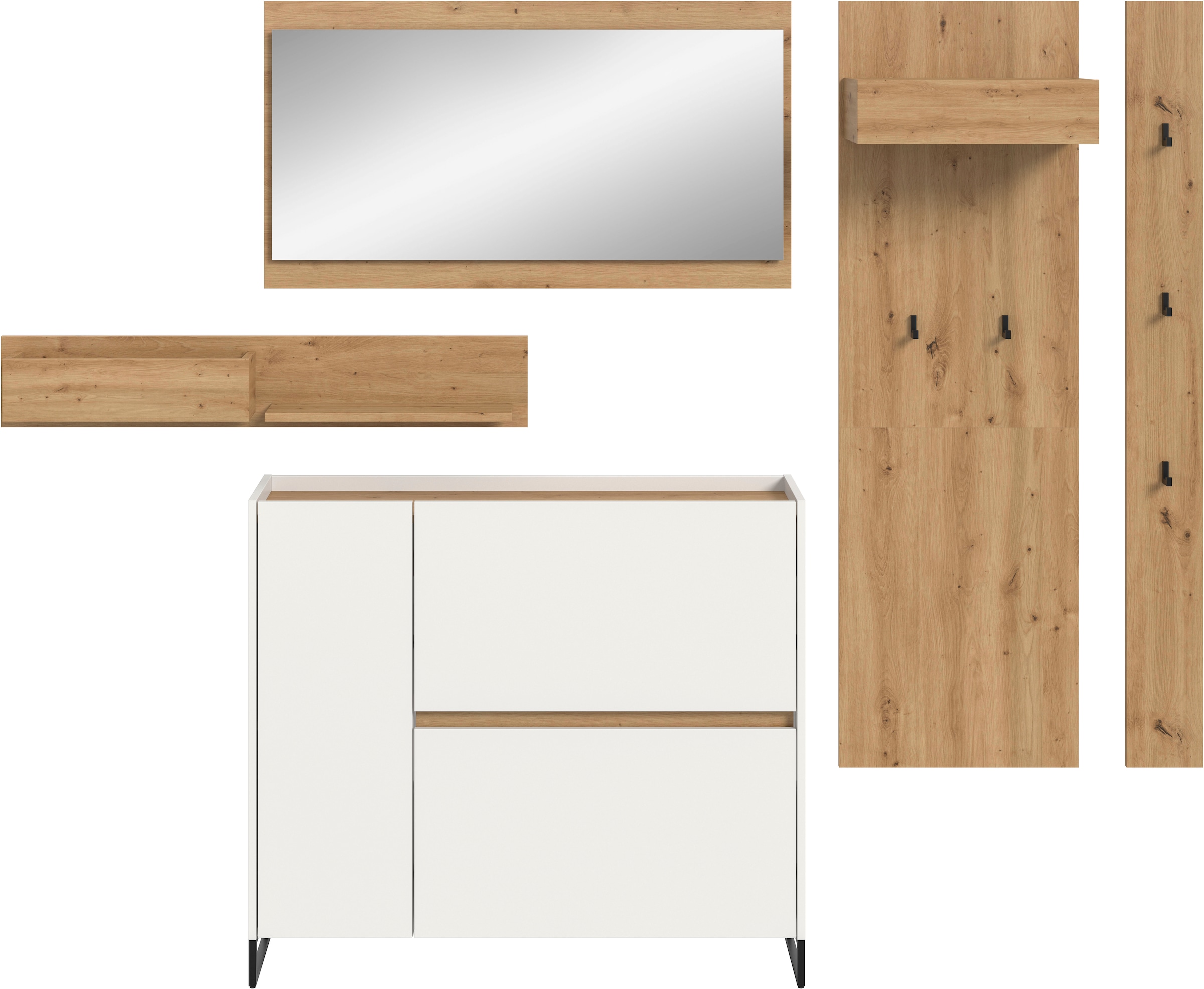 INOSIGN Garderoben-Set »EVRID, 5-teilig, Breite 236 cm, individuell stellbar & erweiterbar« best. aus: Wandboard, Kommode, Spiegel, Garderobenpaneel, Hakenleiste, 5 Stk. tlg. Garderobenkombination, Garderobe, Wandgarderobe, Flur, Diele