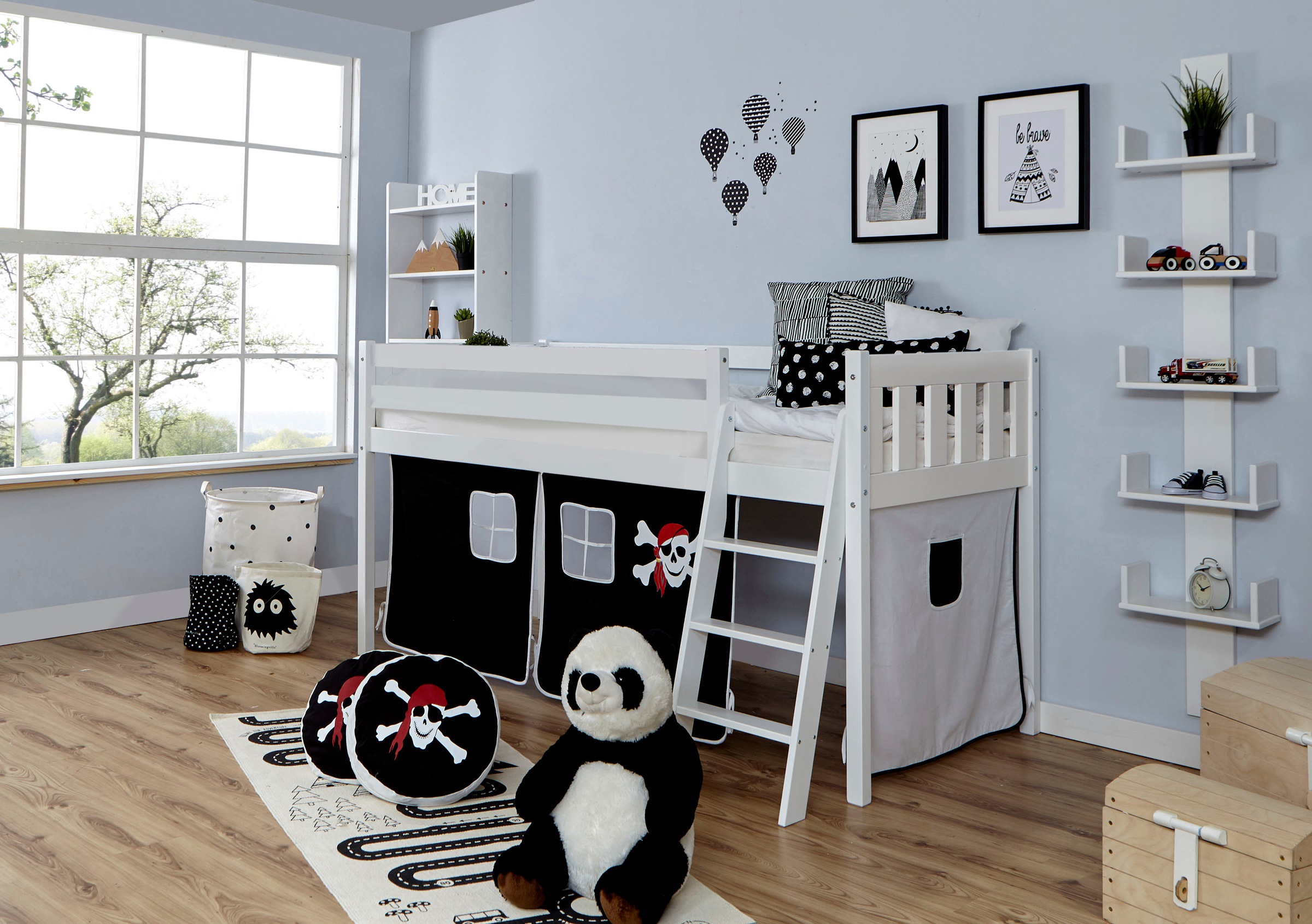 Ticaa Hochbett »Eric«, mit Rollrost und Textil-Set wahlweise mit Matratze, Buche