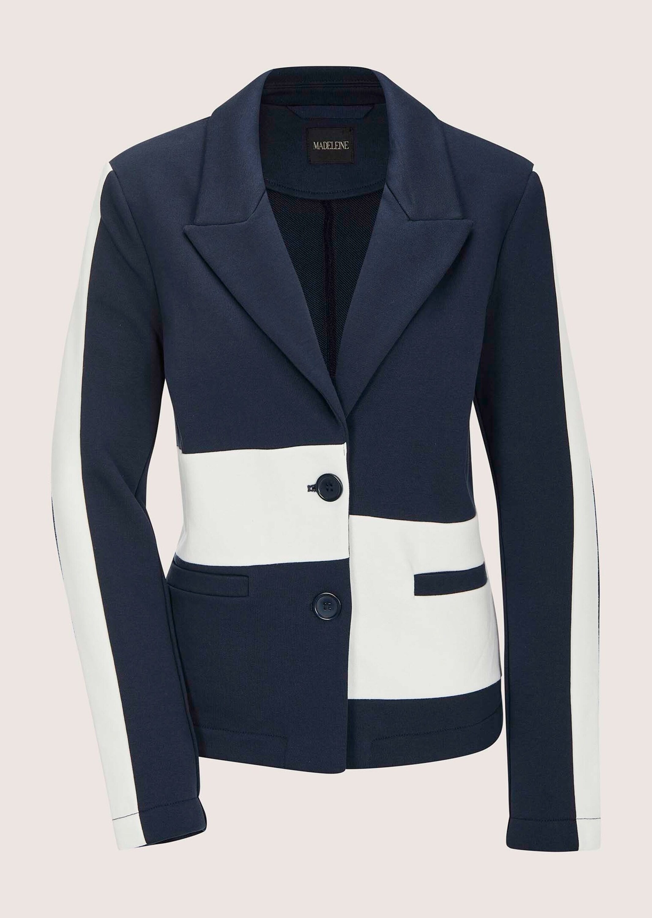 MADELEINE Langarmshirt »Blazer Elegante Businessjacke mit Kontrasten« Asymmetrische Blocktreifen