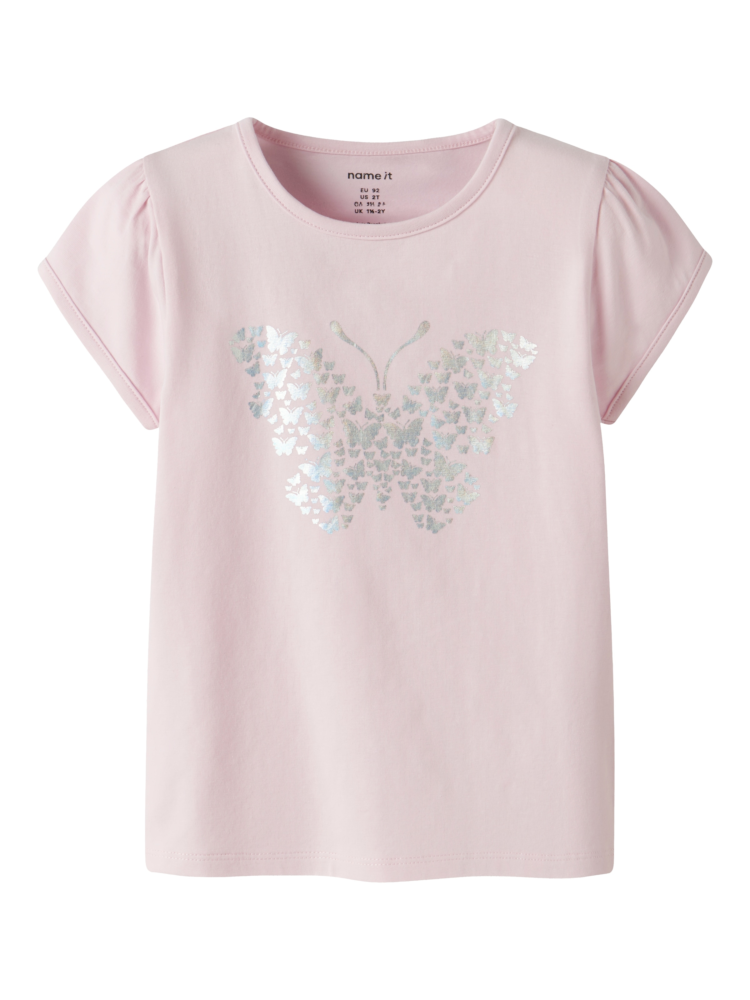 T-Shirt NAME IT "NMFFIPASA CAP SL TOP BOX", Mädchen, Gr. 122/128, cradle pink, Jersey, Obermaterial: 95% Baumwolle, 5% Elasthan, bedruckt, unifarben, Basic normal, Rundhals, Shirts T-Shirt, mit sommerlichem Schmetterlings-Druck