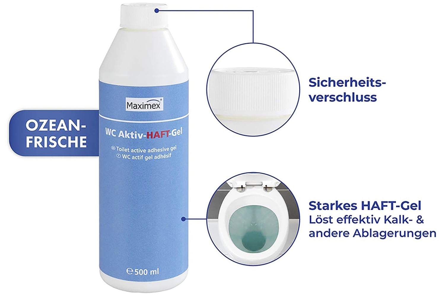 Maximex Reinigungs-Set »WC-Randreiniger und WC-Aktiv-Haftgel«, bei hartnäckigen Verschmutzungen der Toilette, je 500 ml, Ozean-Duft