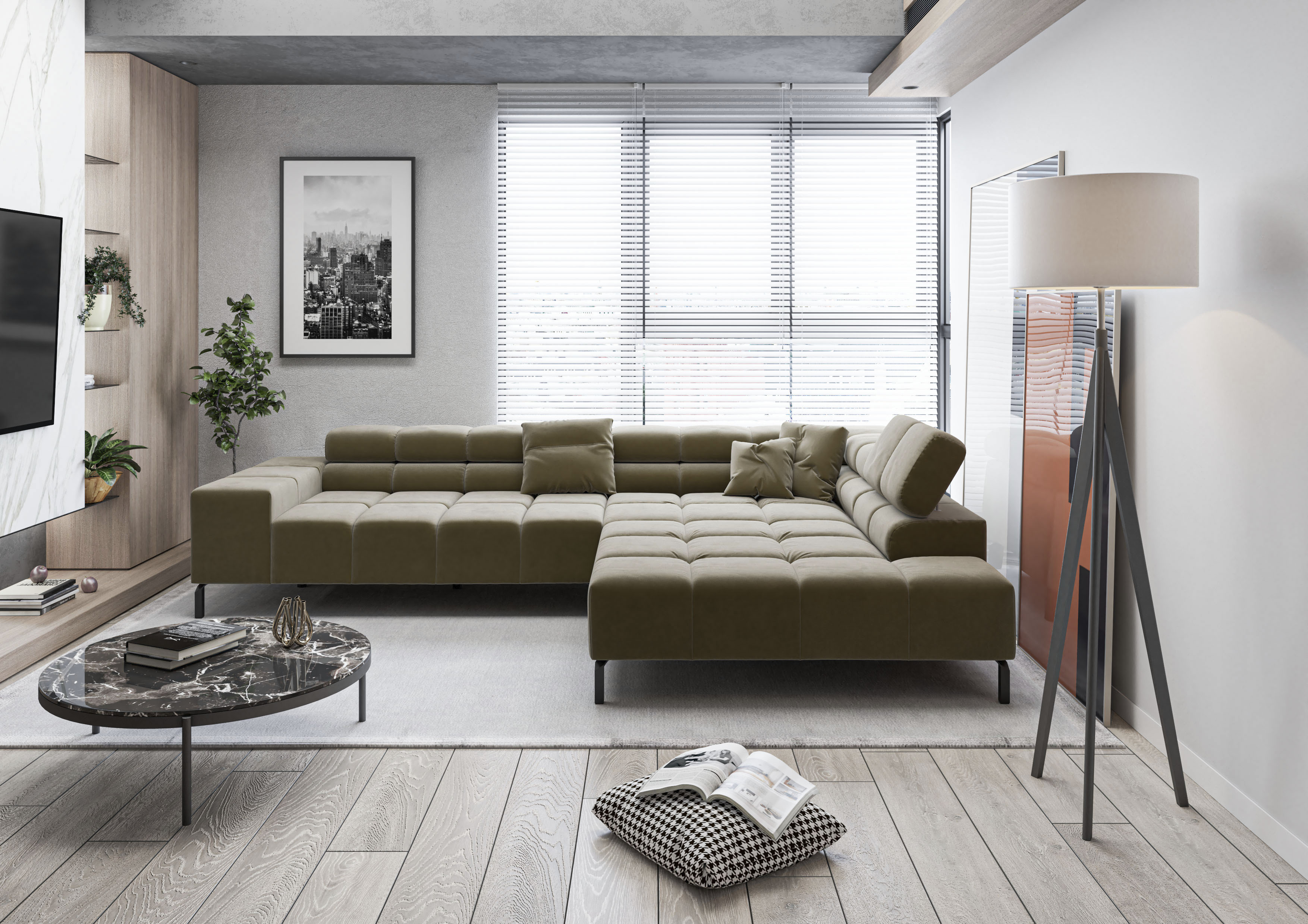 Home affaire Ecksofa "Ancona New, wahlweise motorische Sitztiefenverstellung, auch in Cord" feine Steppung, mit Kopfteilverstellung, 3 Zierkissen, L-Form