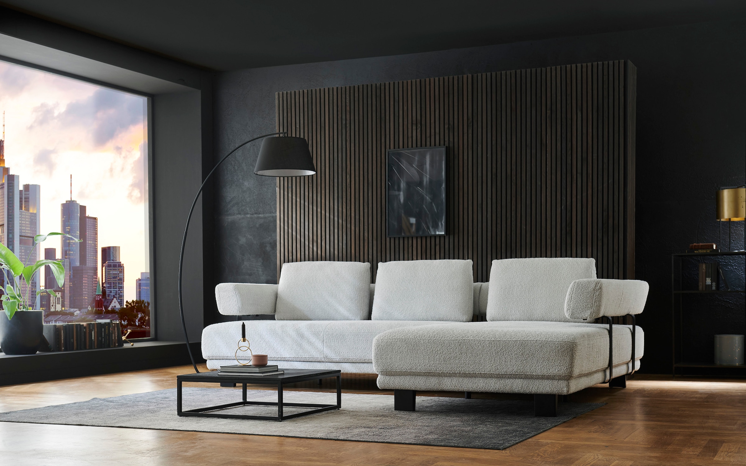 HUKLA Ecksofa »HU-HP18064 L-Form«, (Set), Optional mit motorischer Vorziehbank, stylische Reling
