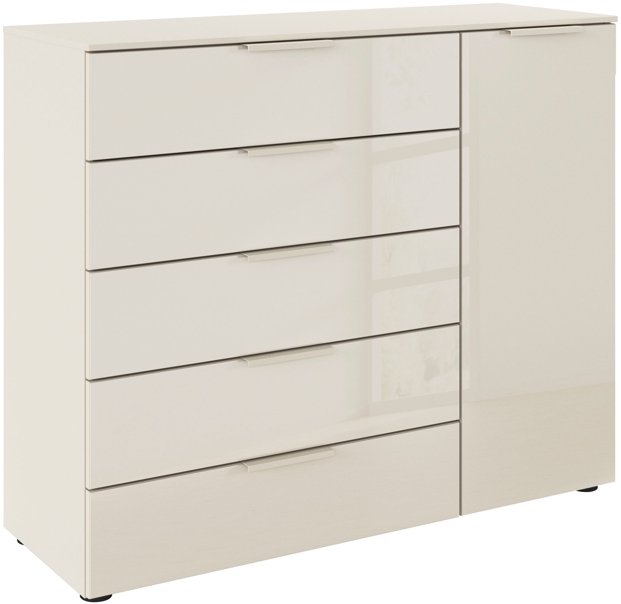 rauch Schubkastenkommode "Kommode Türkommode Sideboard Kombikommode FLIPP mit Glasfront" Breite 120 cm mit 2 Einlegeböden, 1-türig mit 5 Schubladen und Soft-Close-Funktion sowie Glasfront