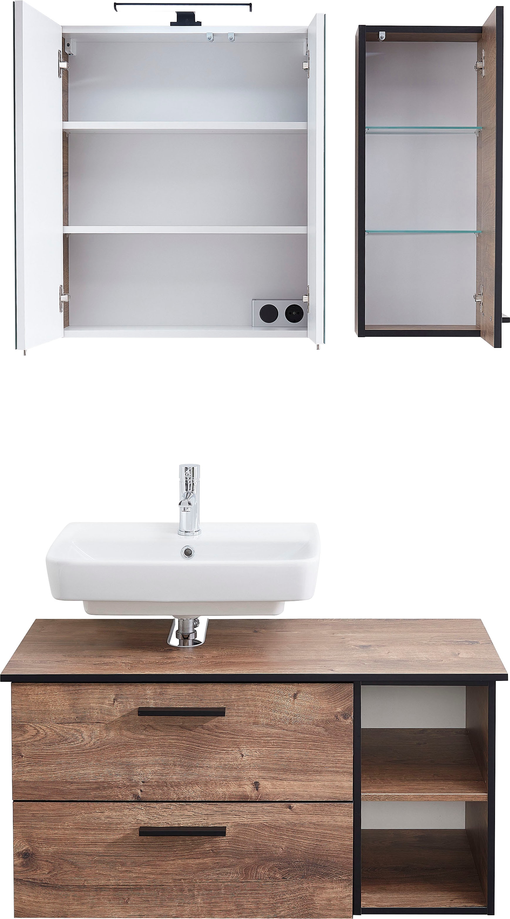 Saphir Badmöbel-Set »Quickset 374 3-teilig, Waschtischunterschrank mit LED-Spiegelschrank«, (5 St.), 103 cm breit, 4 Türen, 2 Schubladen, 2 offene Fächer, inkl. Türdämpfer